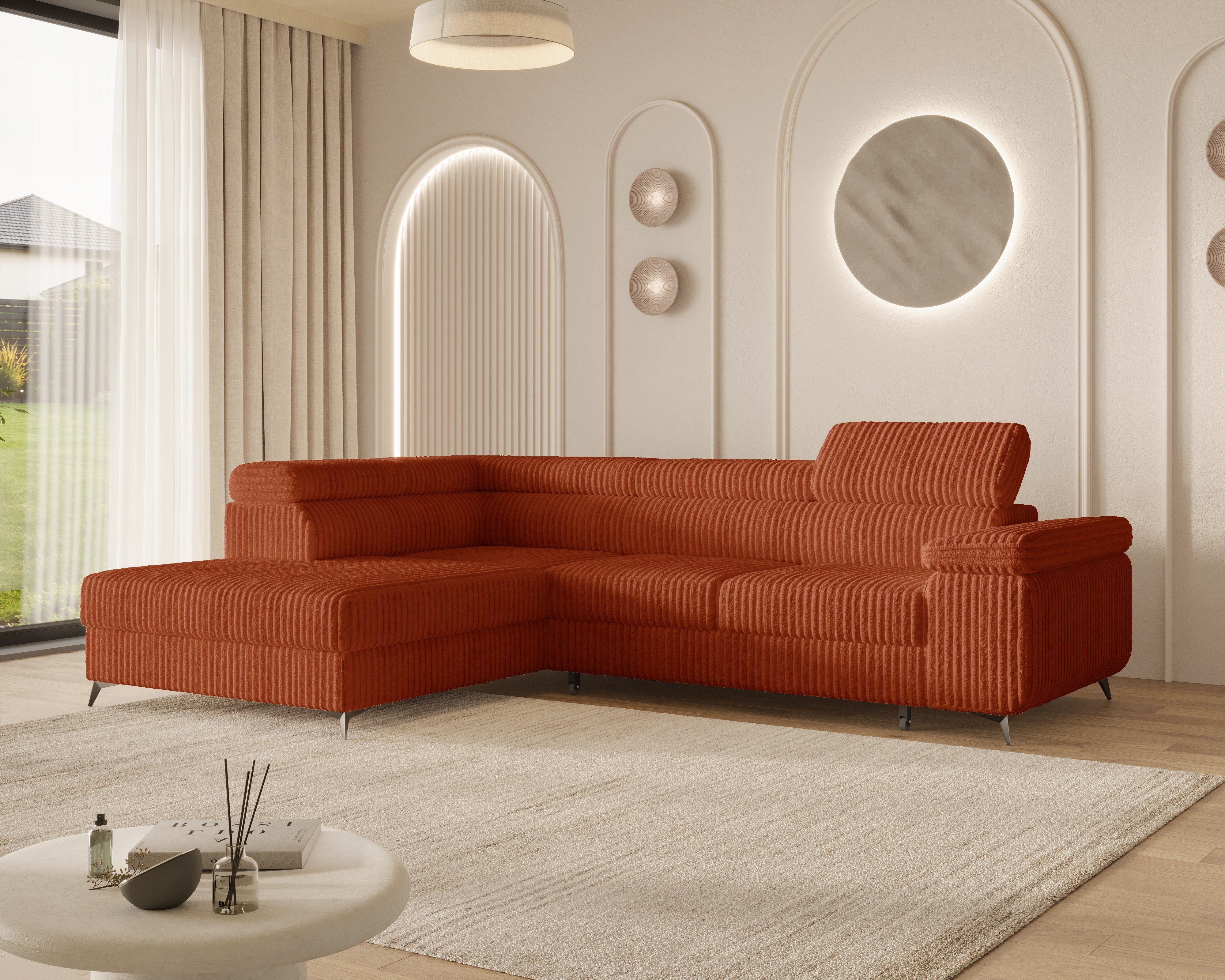 MOEBLO Ecksofa OSTIN, 290 cm – Modernes L-Sofa mit Schlaffunktion, Bettkasten und verstellbaren Kopfstützen, Cord oder Strukturstoff, - (BxHxT): 290 x 75–90 x 202 cm