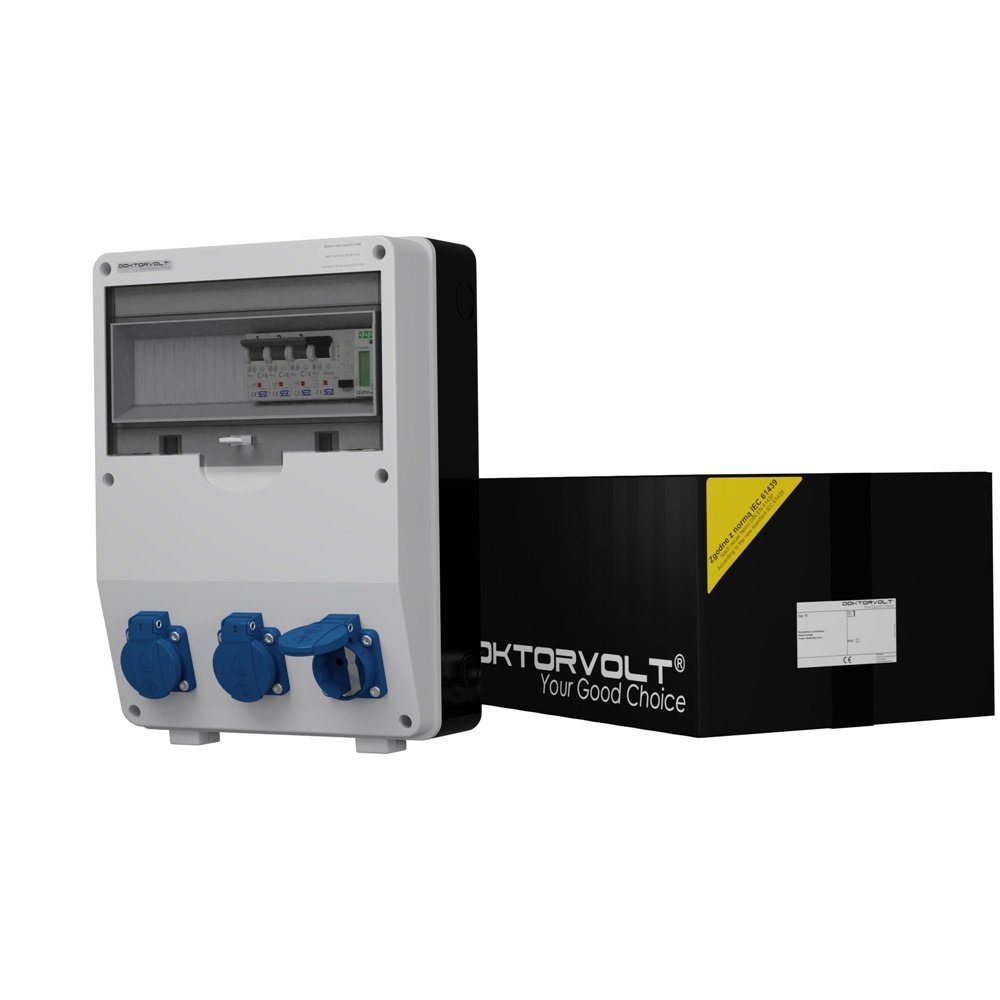 Doktorvolt Stromverteiler TD-S/FI 3x230V Stromzähler MID mit Mennekes Dosen Steckdosenverteiler 3-fach (Fi-Schalter 40A 30mA 2P Typ A, 3 x LSS C16 1P 10kA), ausgestattet mit Mennekes-Steckdosen