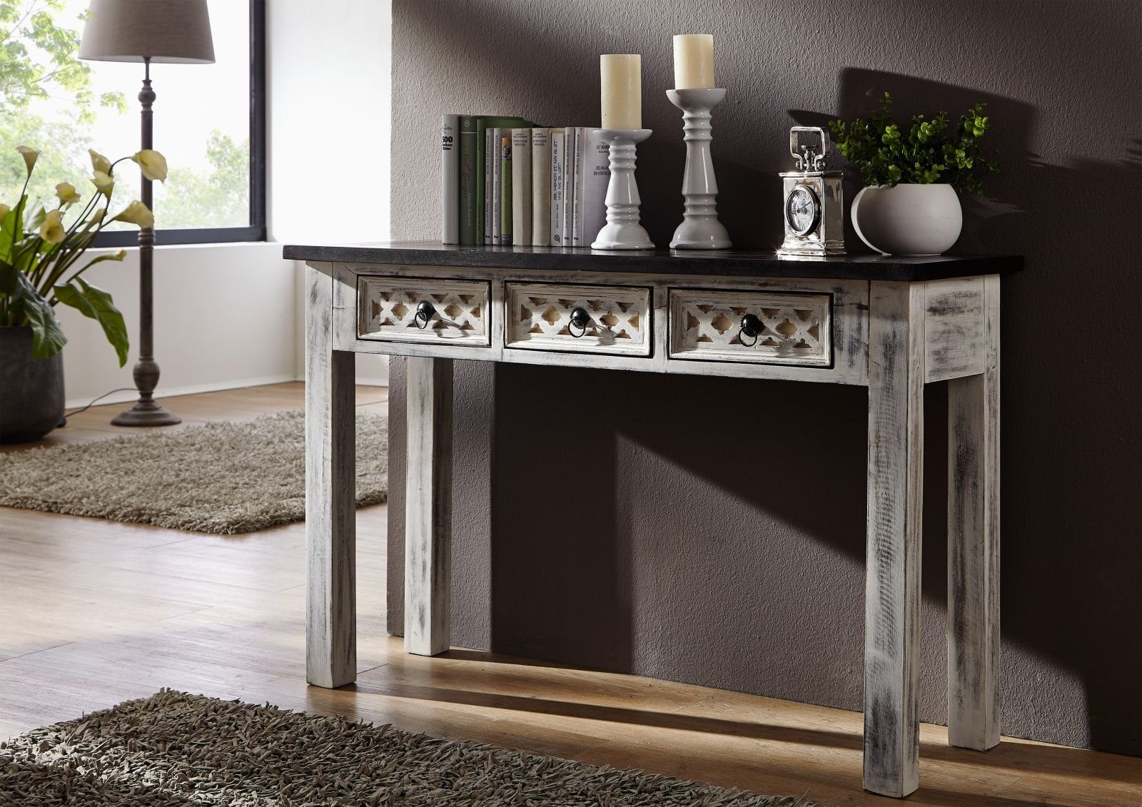 Massivmoebel24 Konsolentisch CASTLE-ANTIK (inkl. 3 Schubladen, weiß u. braun gewachst 120x40x76 Mango/Akazie), Schnitzereien;Verzierungen;Used-Optik;Landhausstil;shabby chic;