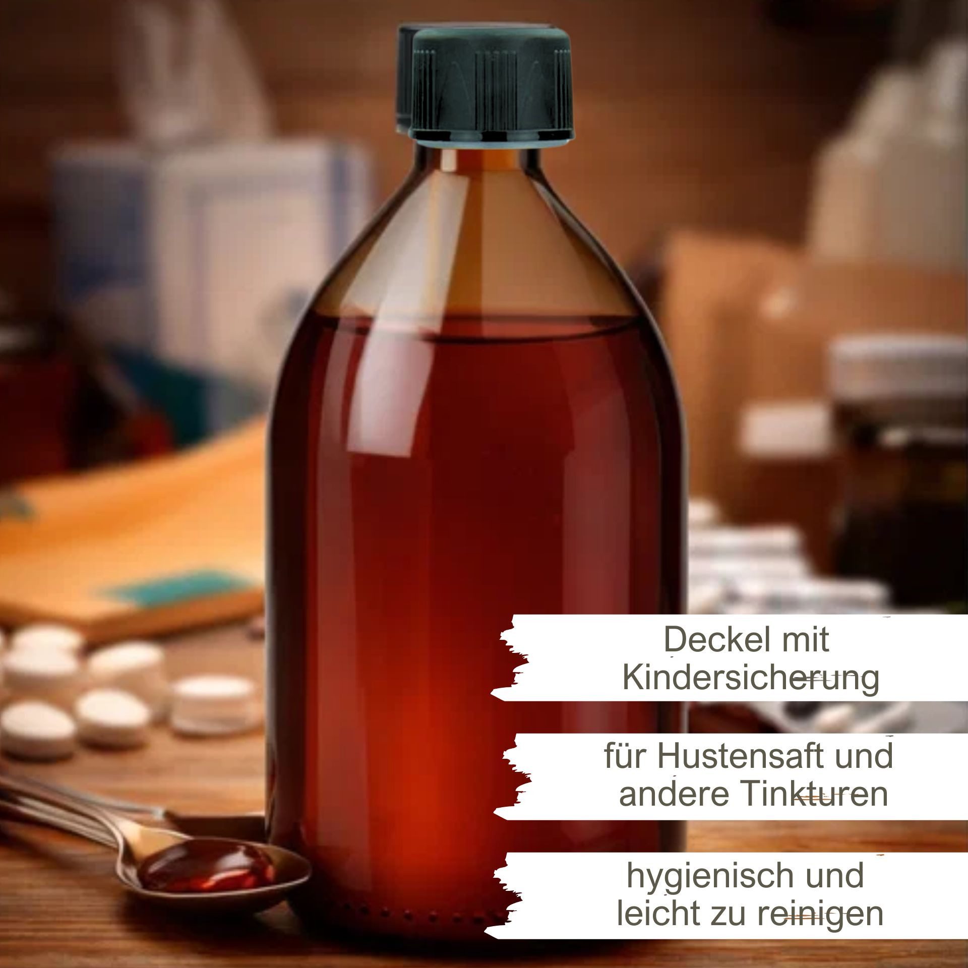 mikken Trinkflasche 2x Medizinflasche 1000ml braun mit Deckel Apothekerflasche 1 L, Schraubdeckel mit Kindersicherung, UV-Schutz
