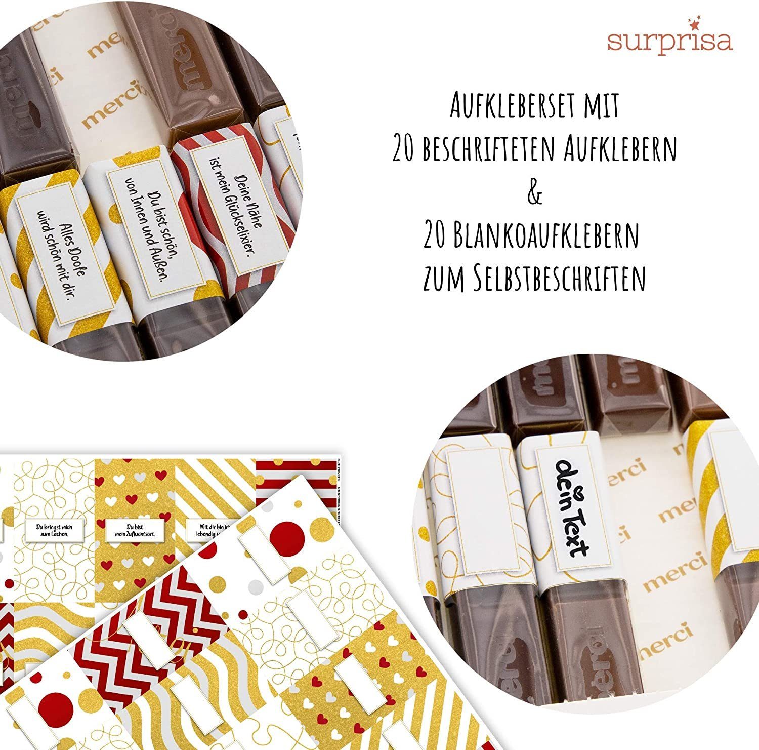 SURPRISA Aufkleber Aufkleber Set '20 Gründe' für Merci Schokolade, personalisierbare Sticker