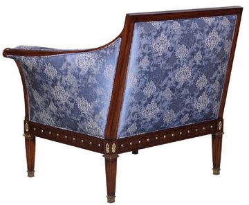 Casa Padrino Sessel Luxus Jugendstil Sessel Blau / Braun / Antik Messingfarben 112 x 89 x H. 100 cm - Edler Mahagoni Wohnzimmer Sessel mit elegantem Damastmuster - Barock & Jugendstil Wohnzimmer Möbel