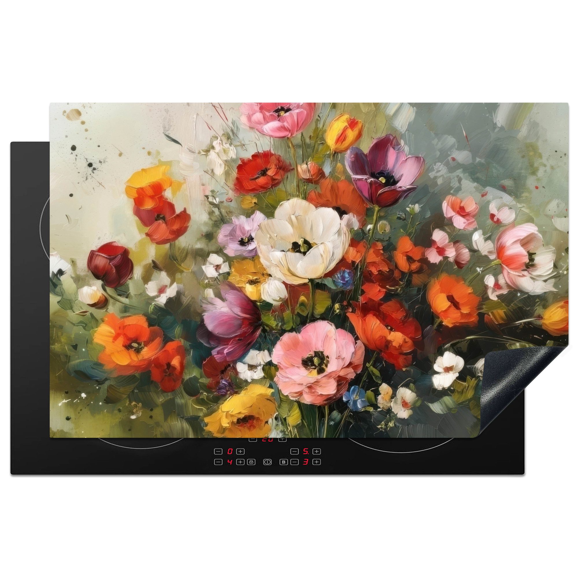 MuchoWow Herd-Abdeckplatte Fröhliches Bouquet - Dynamisch - Subtile Farbtupfer, Vinyl, (1 tlg), Induktion Schutzmatte, Induktionsherd Abdeckung, 83x52 cm