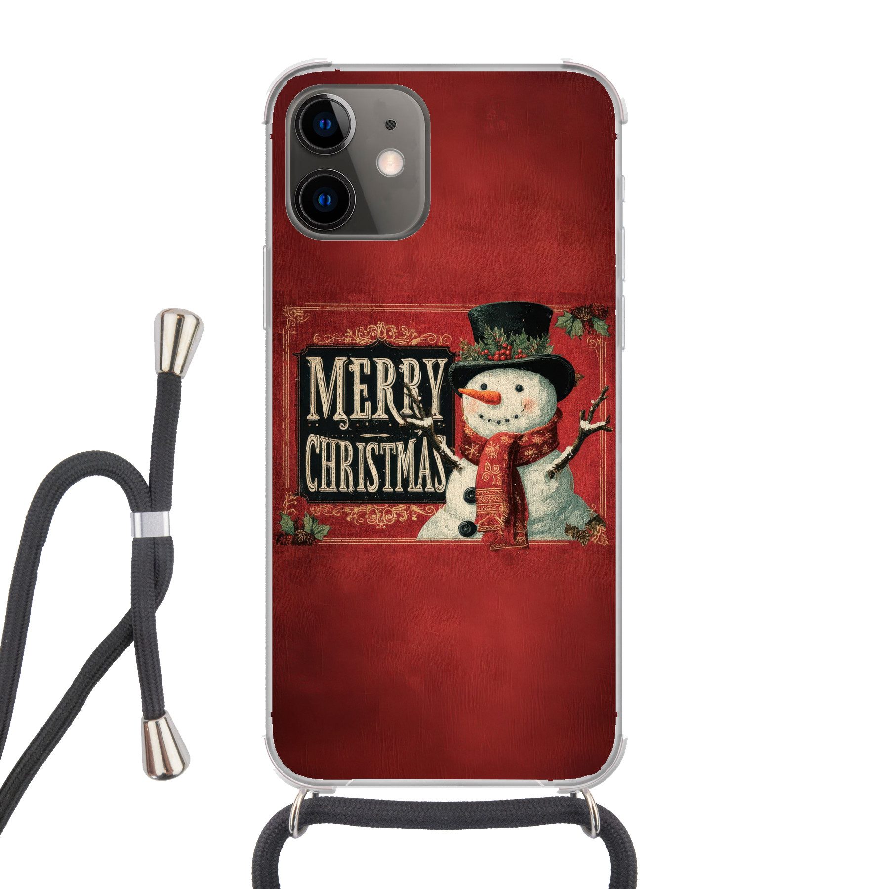 MuchoWow Handyhülle für Apple iPhone 12 Klassisch - Weihnachtsgruß - Schneemann - Rot, Tragbare Handyhüllen mit Kette zum umhängen, Handykette Handyband