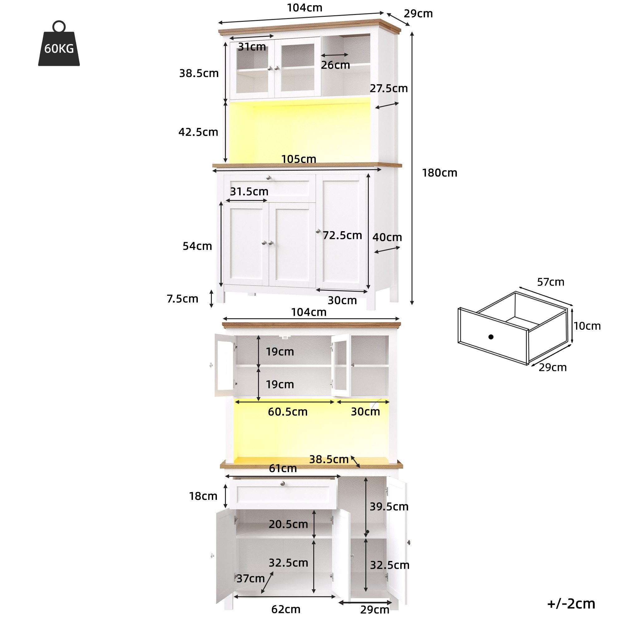 Flieks Küchenbuffet mit LED-Beleuchtung und verstellbaren Ablagen (1-St., B105/T40/H180 cm) Hochschrank Küchenschrank Geschirrschrank mit Schubladen und Glastür – Bild 5 von 5