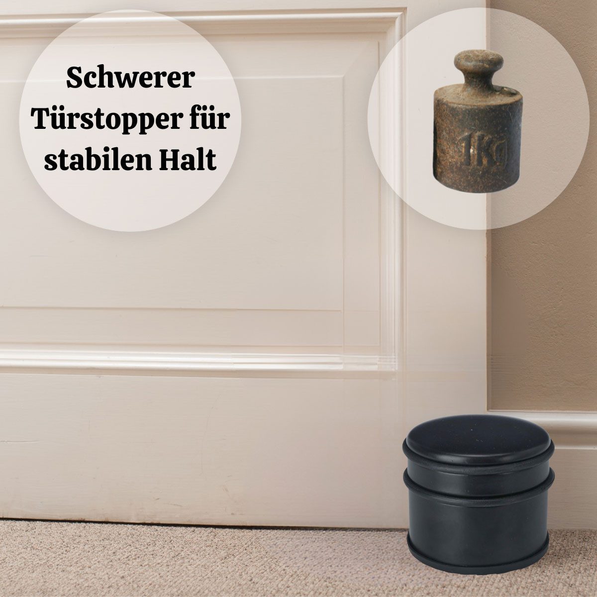 LS-LebenStil Türstopper Premium Türstopper Schwarz Matt 9cm 1,1 kg schwerer Bodenstopper (mit Gummi-Ringen Bodenstopper Türpuffer Türhalter, 1 St., Türsack Fens – Bild 5 von 5
