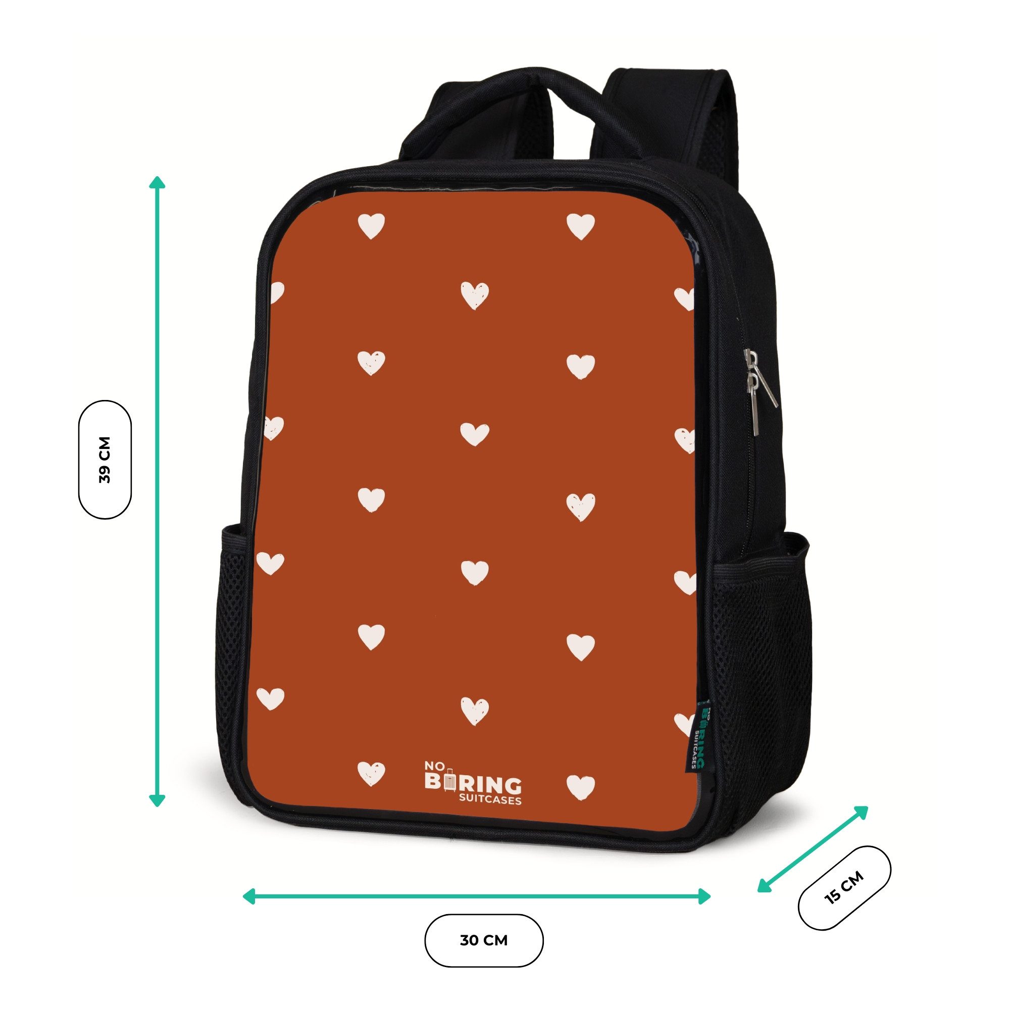 NoBoringSuitcases.com© Rucksack Weißes Herzmuster auf orange-braunem Hintergrund, Kinderrucksack Schwarz, Schulrucksack, Freizeitrucksack Jungen Mädchen
