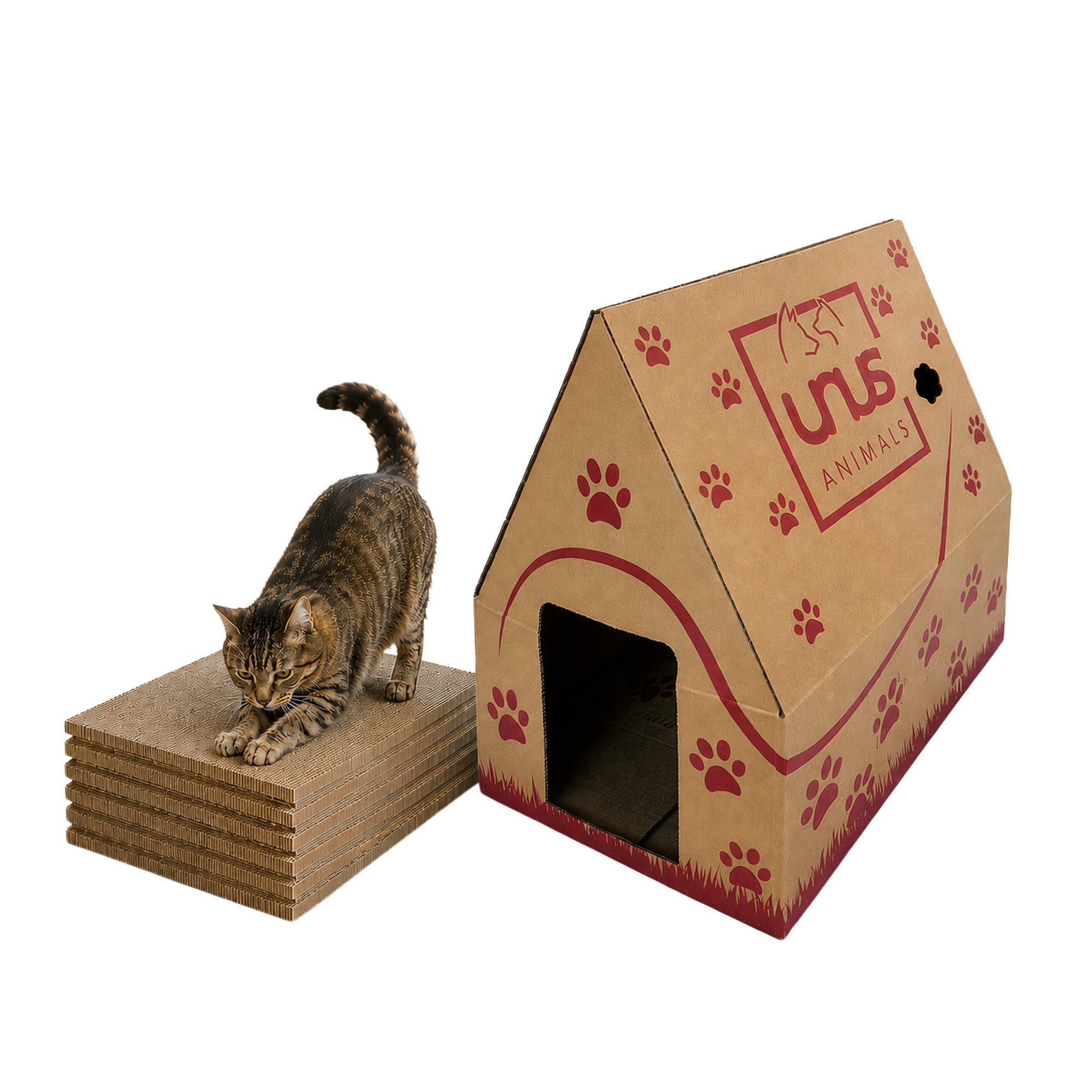 UNUS ANIMALS Kratzpappe Katzenhaus Pappe Madame Miez 48x39,5x31,5cm, (Katzenhaus aus Pappe zum Spielen, Verstecken und Ausruhen), inkl. 6 Kratzbretter aus Wellpappe