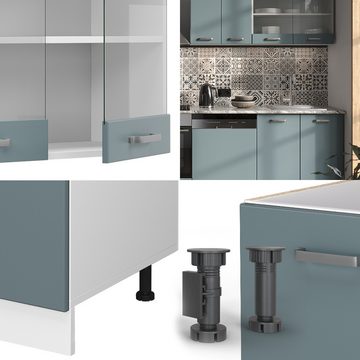 Livinity® Küchenzeile R-Line, Blau-Grau/Weiß, 300 cm, AP Eiche