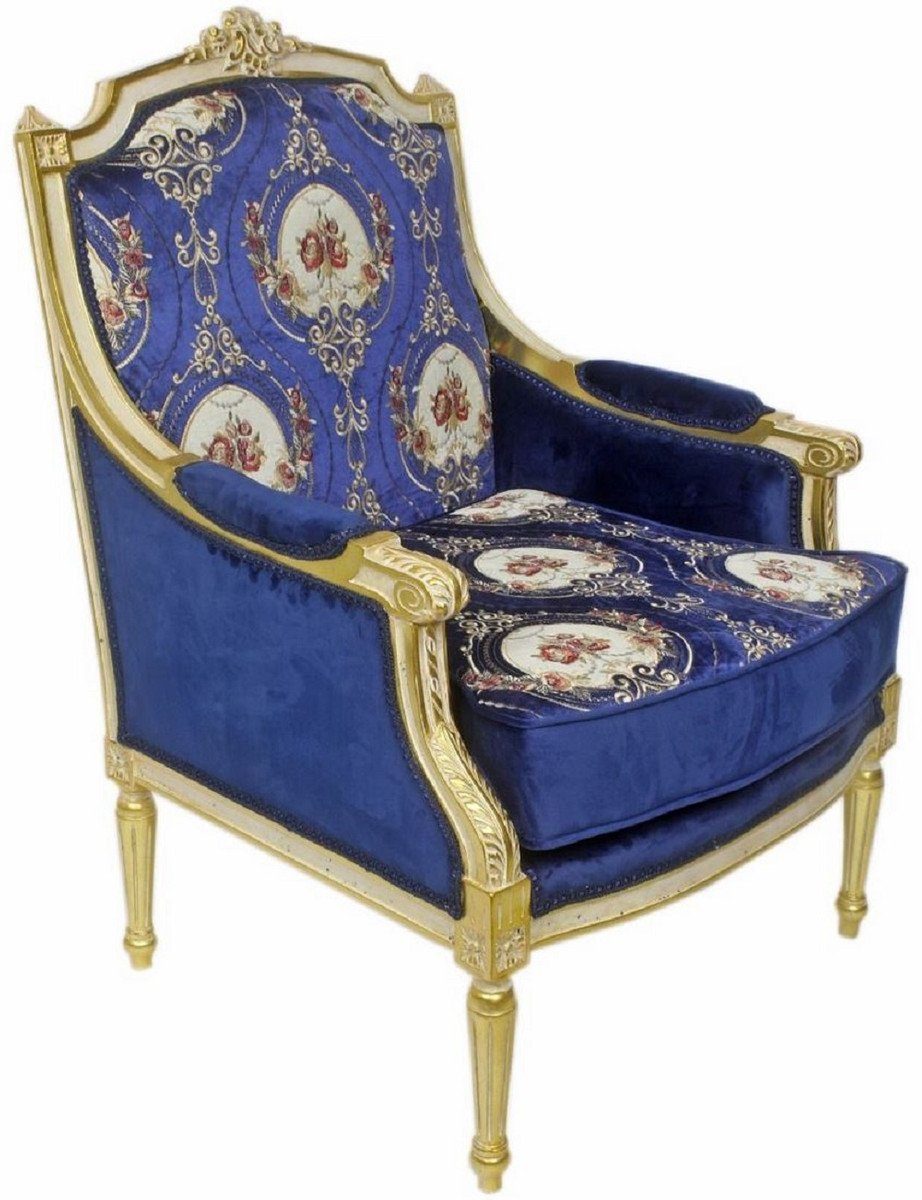Casa Padrino Sessel Barock Lounge Thron Sessel mit elegantem Muster  Royalblau / Rot / Weiß / Gold 70 x 70 x H. 100 cm - Barock Möbel