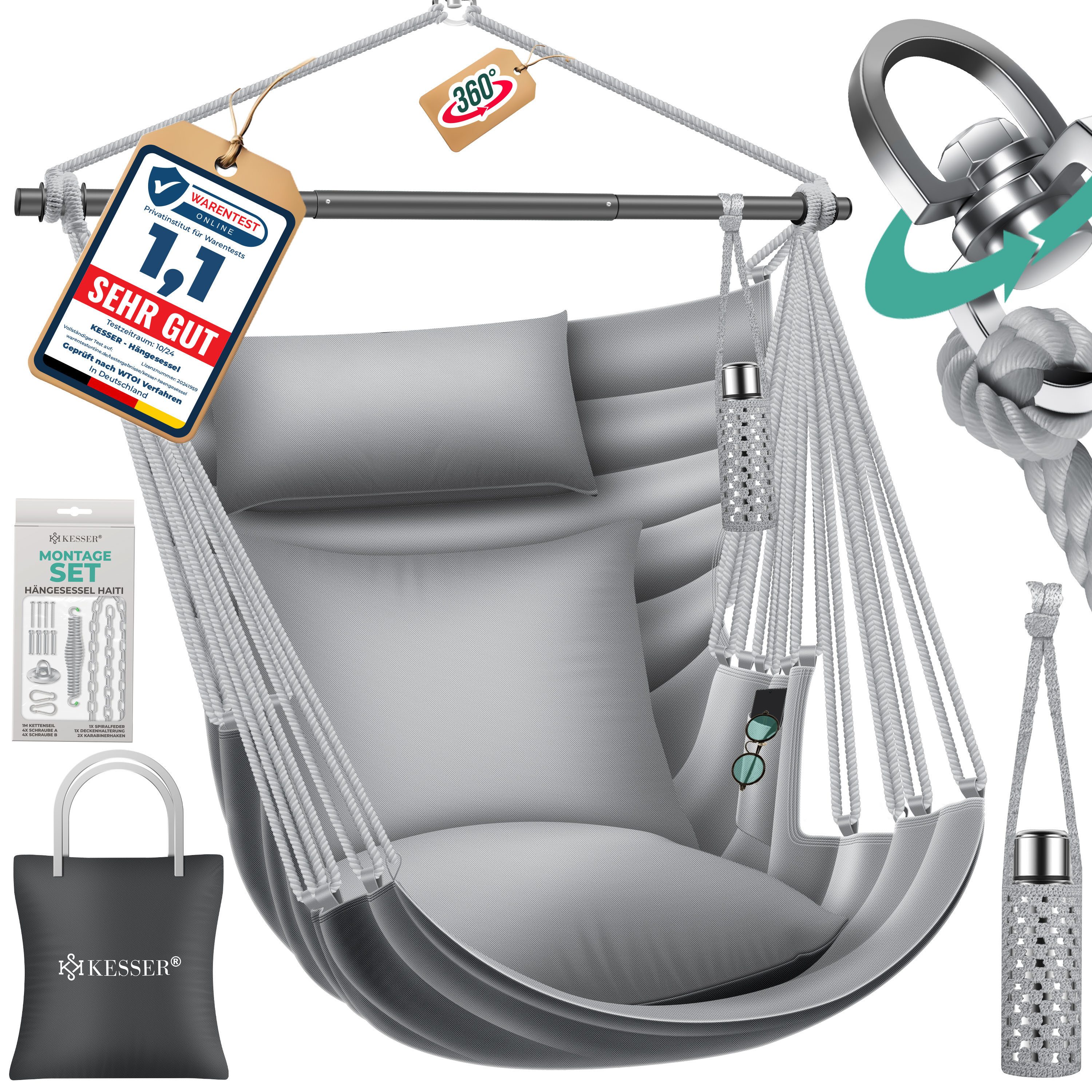 KESSER Hängesessel Haiti 150kg Traglast, Indoor & Outdoor Hängestuhl (Hängeschaukel mit 2 Kissen, Tragetasche, Flaschenhalter & Montage-Set), 360° Hängematte Pflegeleicht, UV-beständig & Wasserfest