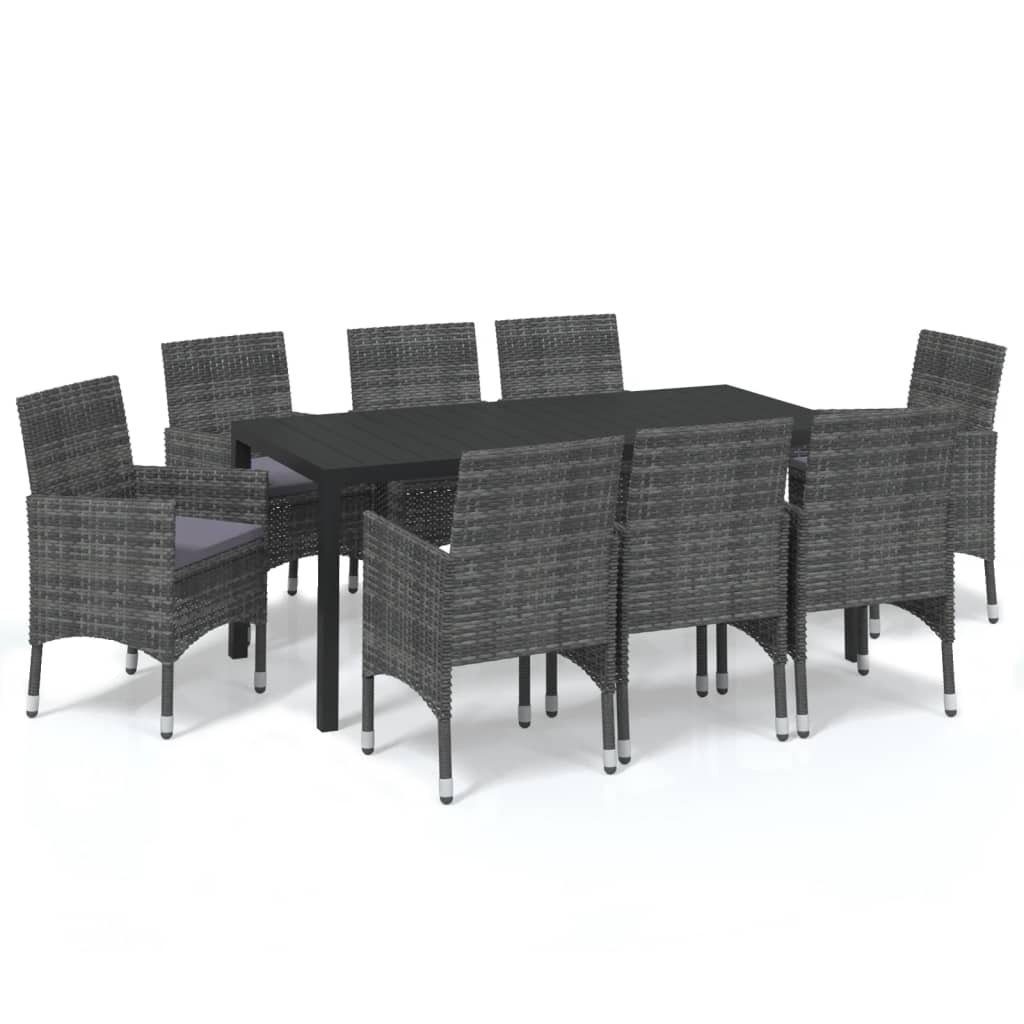 Garten-Essgruppe 9-tlg. Garten-Essgruppe mit Kissen Poly Rattan Grau