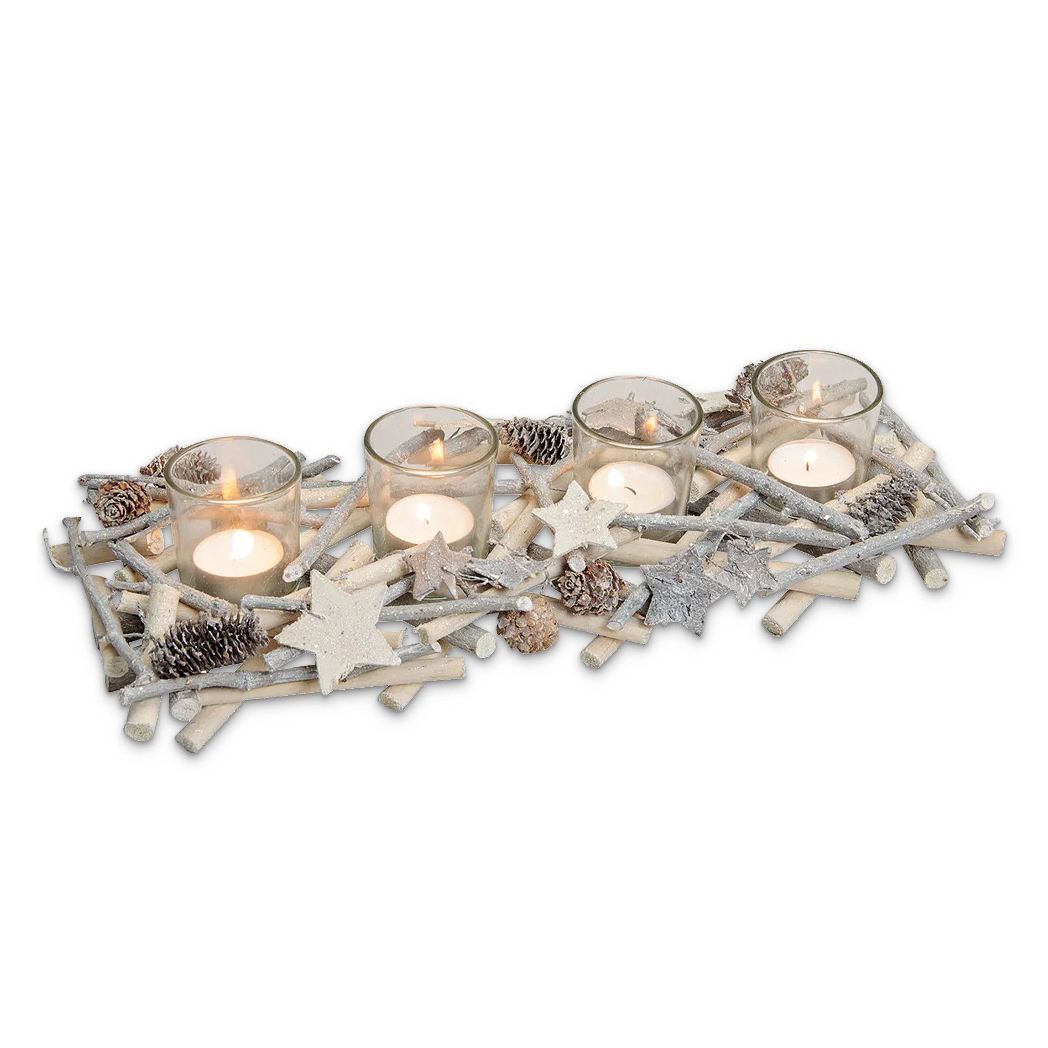 matches21 HOME & HOBBY Adventskranz Holz-Deko Adventsgesteck 40 cm Teelicht-Halter silber weiß, Weihnachtsdeko Teelichthalter als längliche Tisch Kerzen-Deko