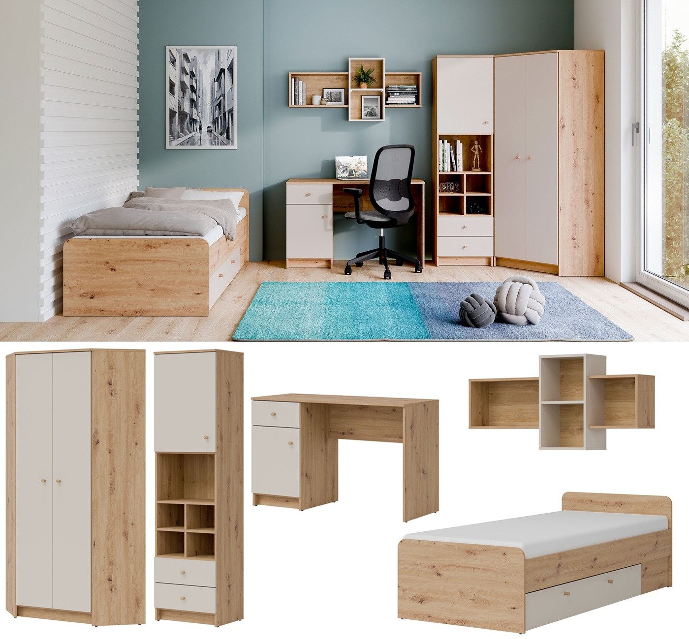 QMM TraumMöbel Jugendzimmer-Set komplett Trey Set A, (Set, 5-tlg., Eckschrank, Standregal, Schreibtisch, Bett 200x90, Wandregal)