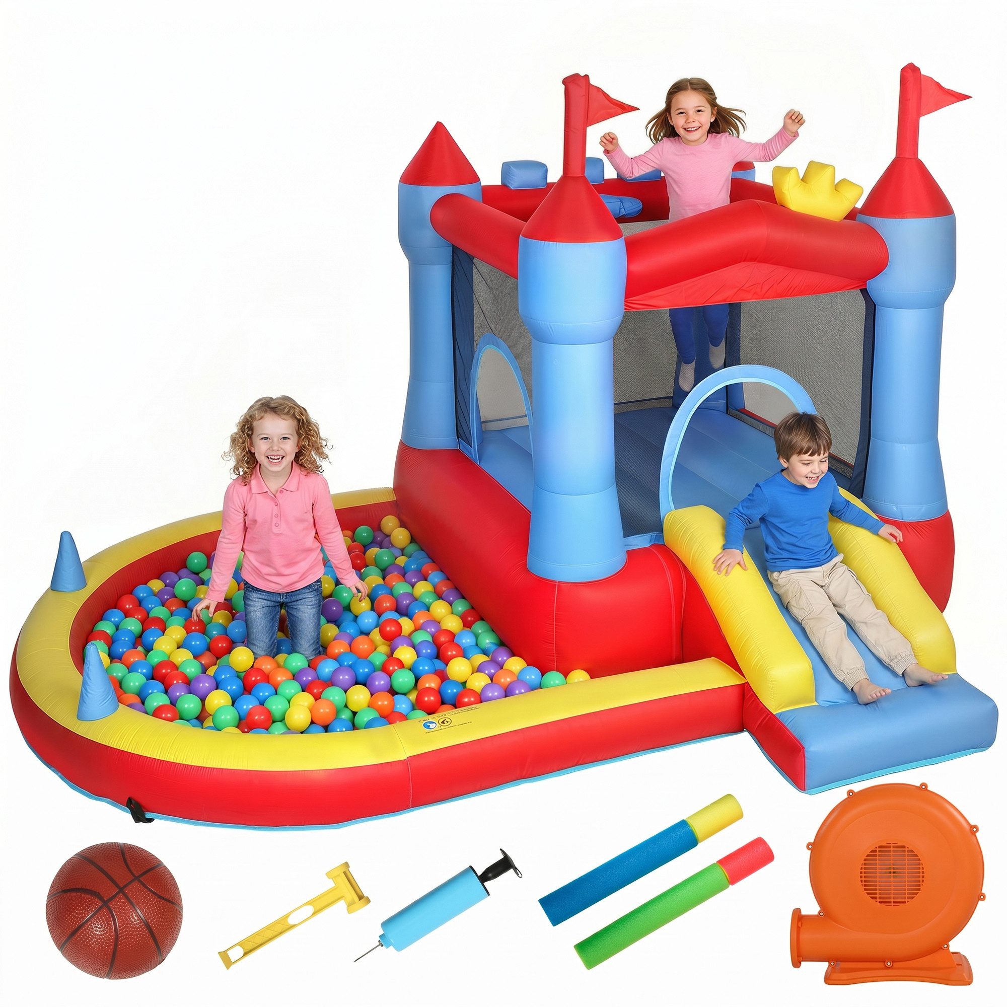 AIYAPLAY Hüpfburg Trampolin mit Gebläse und Rutsche, Planschbecken/Bällebad, (Bouncy Castle, 1-tlg., Aufblasbar Spielcenter), für 3-8 Jahre Kinder für Indoor & Outdoor 342x255x209 cm Blau
