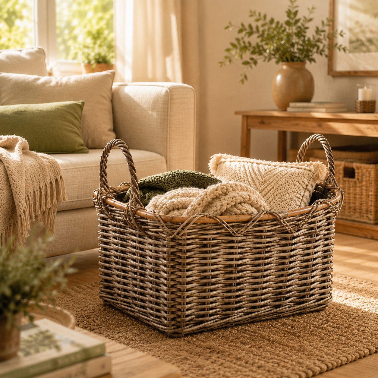 Kobolo Kaminholzkorb Holzkorb Feuerholzkorb, Rattan grau mit Griffen und Leinen, Brennhol (Stück, Stück), 56Lx41x29/36cm