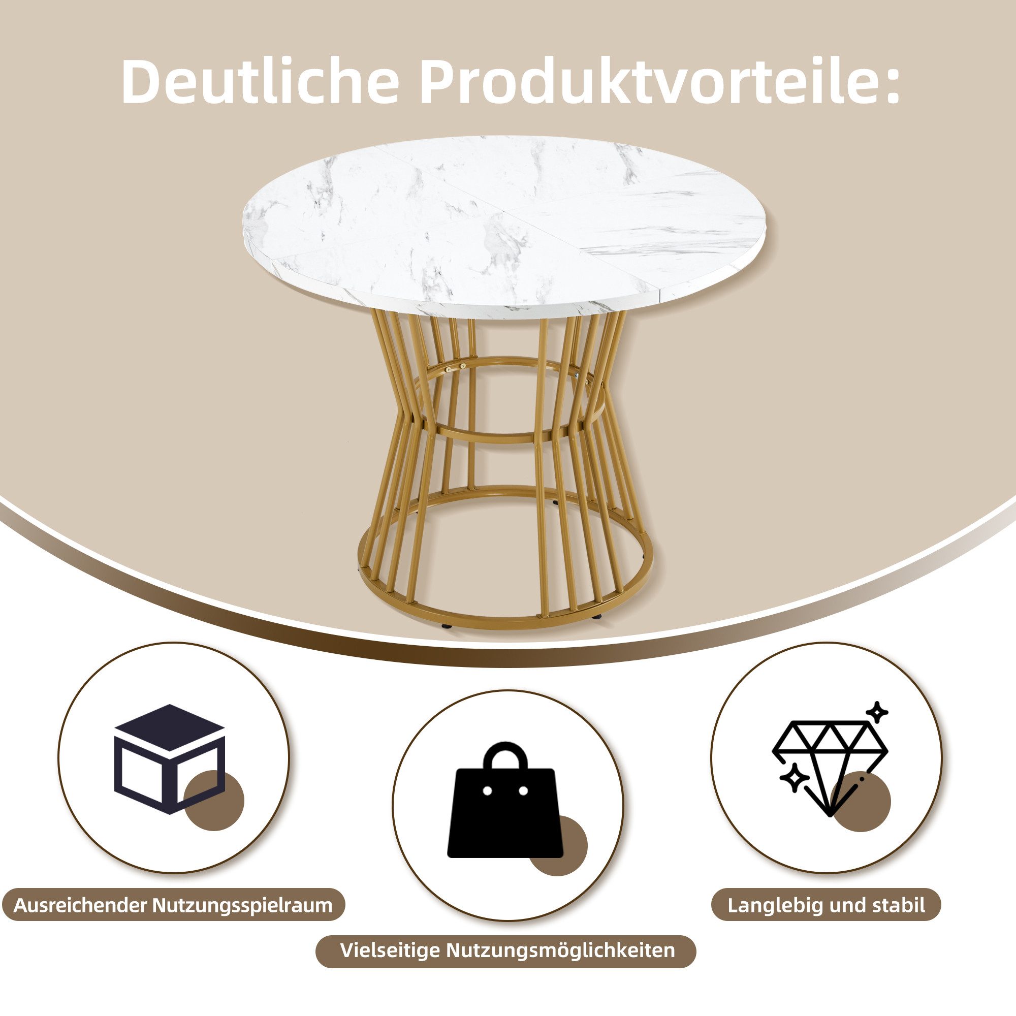 BlingBin Esstisch Moderne Marmor Küchentisch Esstische mit Stabiler Metallrahmen (1er Set, 1-St., Durchmesser: 100cm, Höhe: 75cm, Produkt tragend: 60kg), Frühstückstisch aus Metall und MDF für Esszimmer, Weiß und Golden