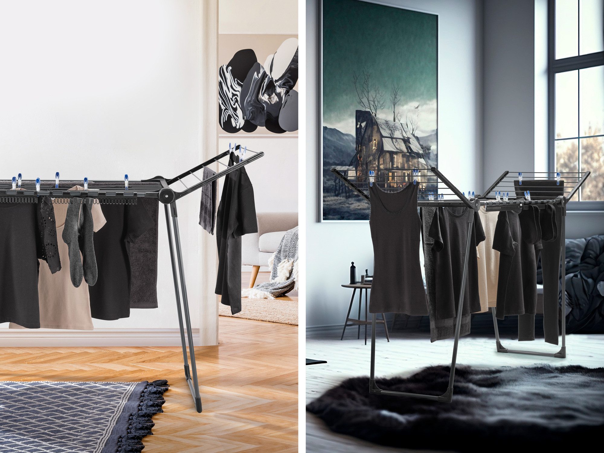 Leifheit Wäscheständer Standtrockner Pegasus 150 Solid Slim Black, 15m Trockenlänge, 105cm Flügelhöhe, schmal (55cm), zusammenklappbar