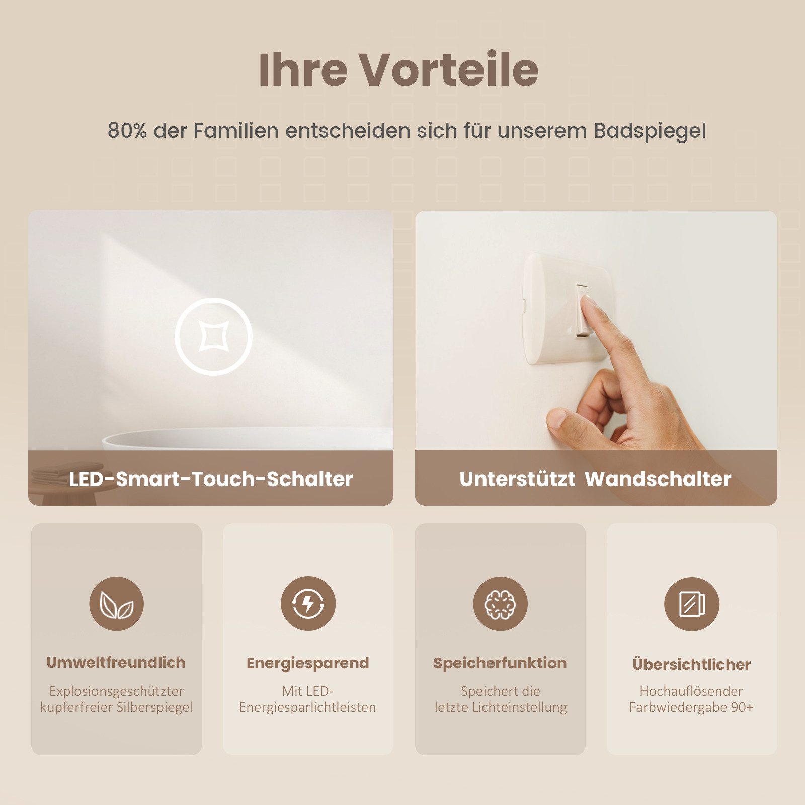 EMKE Badspiegel mit Beleuchtung LED Wandspiegel 3-fach Vergrößerung Kosmetikspiegel (Breit: 80~100cm, Touchschalter), 3 Lichtfarben, dimmbar, Antibeschlag, Touc – Bild 5 von 5