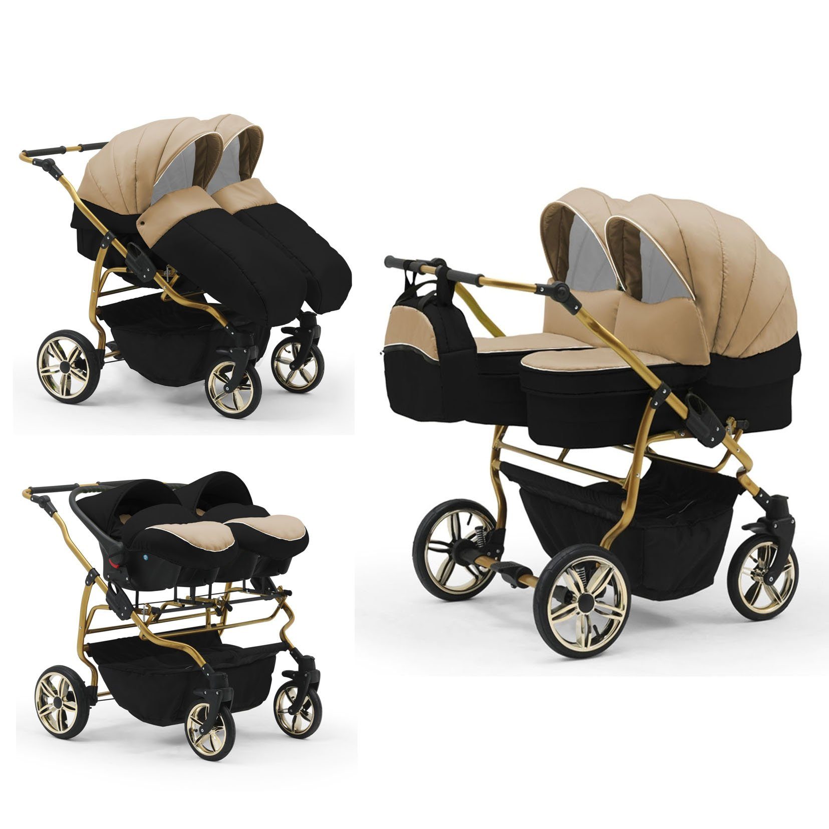 babies-on-wheels Zwillingswagen Duet Lux Gold 3 in 1 inkl. Autositze - 13 Teile - in 33 Farben Cappu-Schwarz