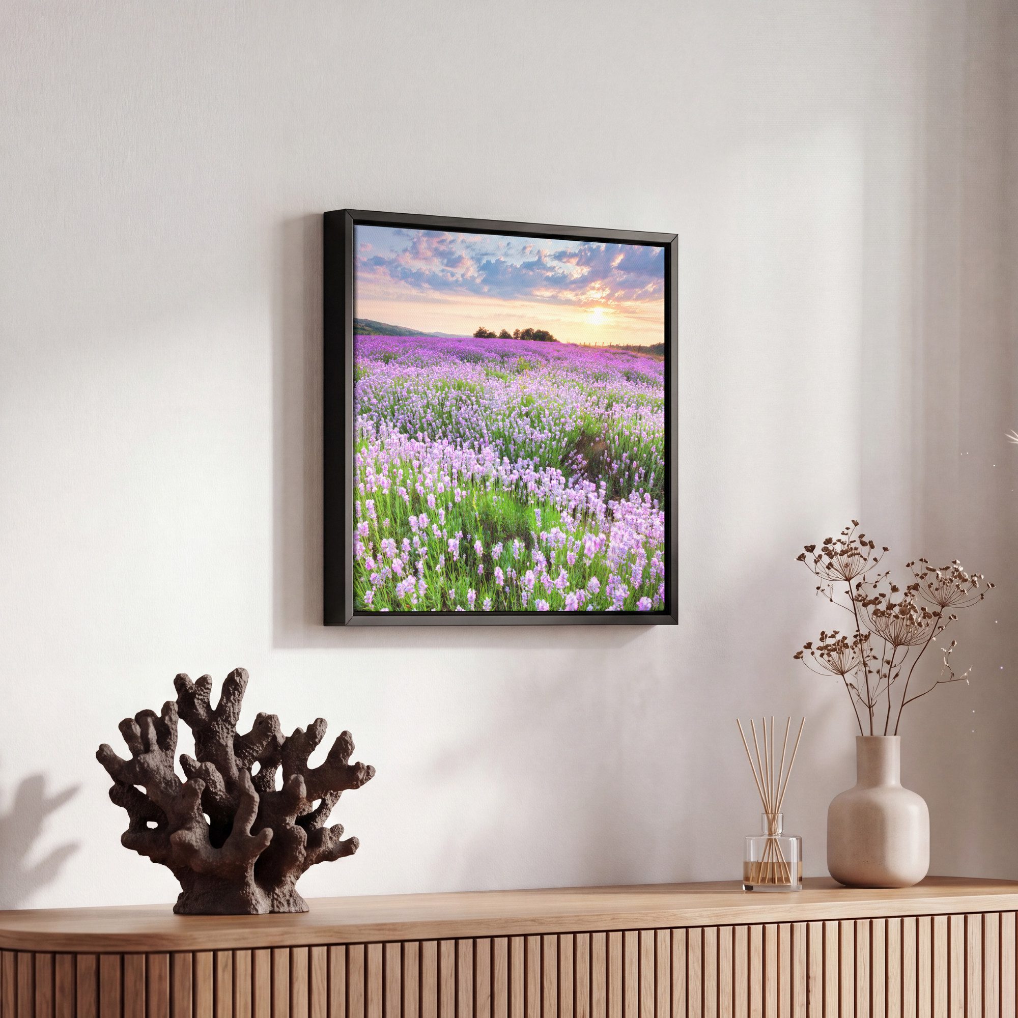 OneMillionCanvasses® Leinwandbild mit Rahmen - Blumen - Lavendel - Lila - Himmel - Sonnenuntergang - Wie, Fotodruck (1 St), Leinwand Bilder Klein, Wand Dekorati – Bild 5 von 5