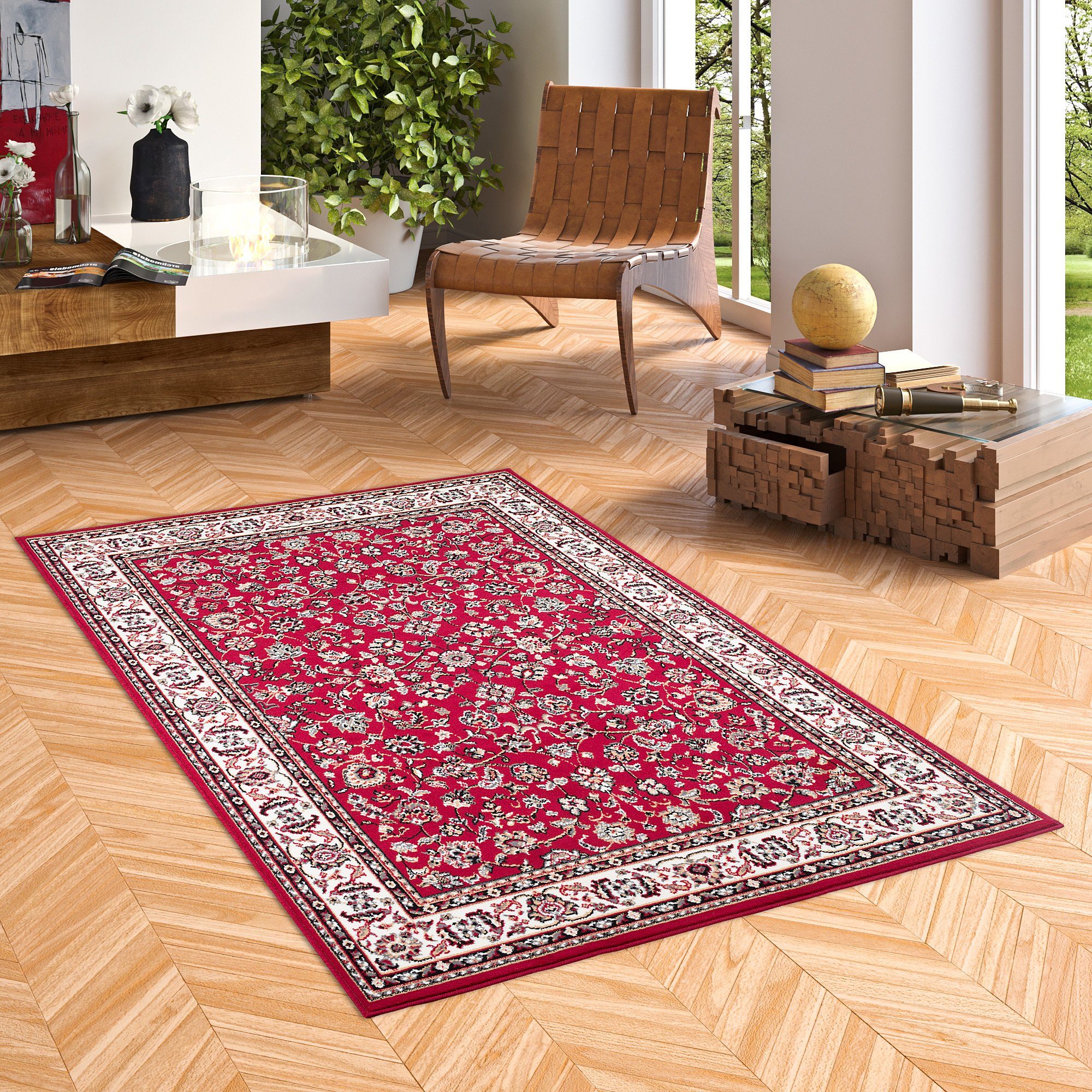 Orientteppich Orient Teppich Trendline Rot Bordüre, Pergamon, Rechteckig, Höhe: 8 mm