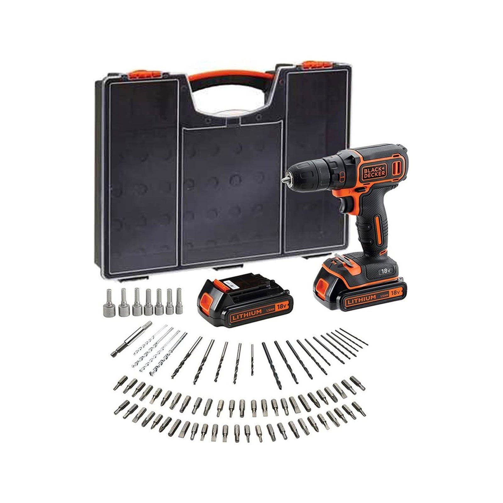 Black + Decker Bohrmaschine BDC718AS2O-QW 18V AKKU SCHRAUBER, Lithium-Technologie, 10-fach Drehmomentsteuerung, Kompakt