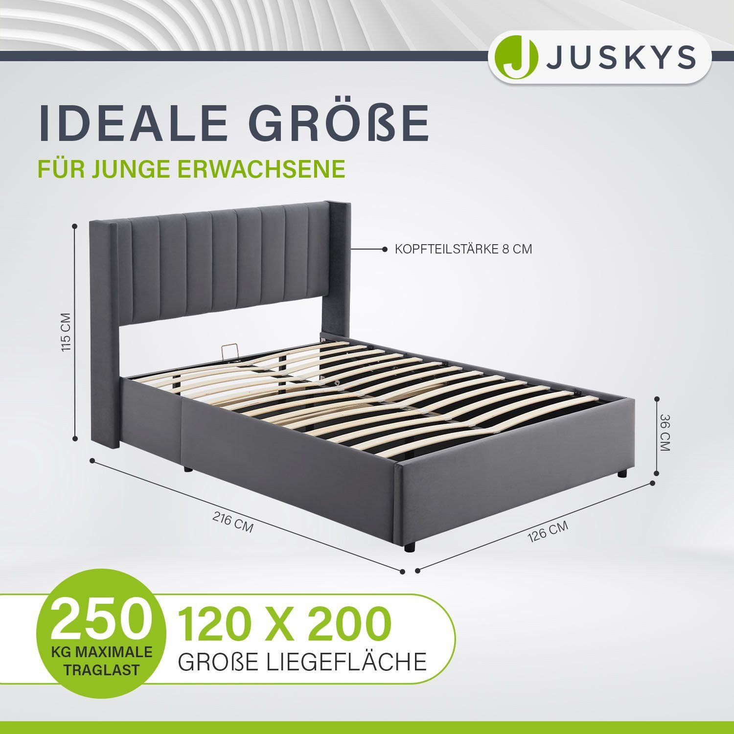 Juskys Polsterbett Savona, großer Stauraum, mit Gasdruckfeder, weicher Samt-Bezug