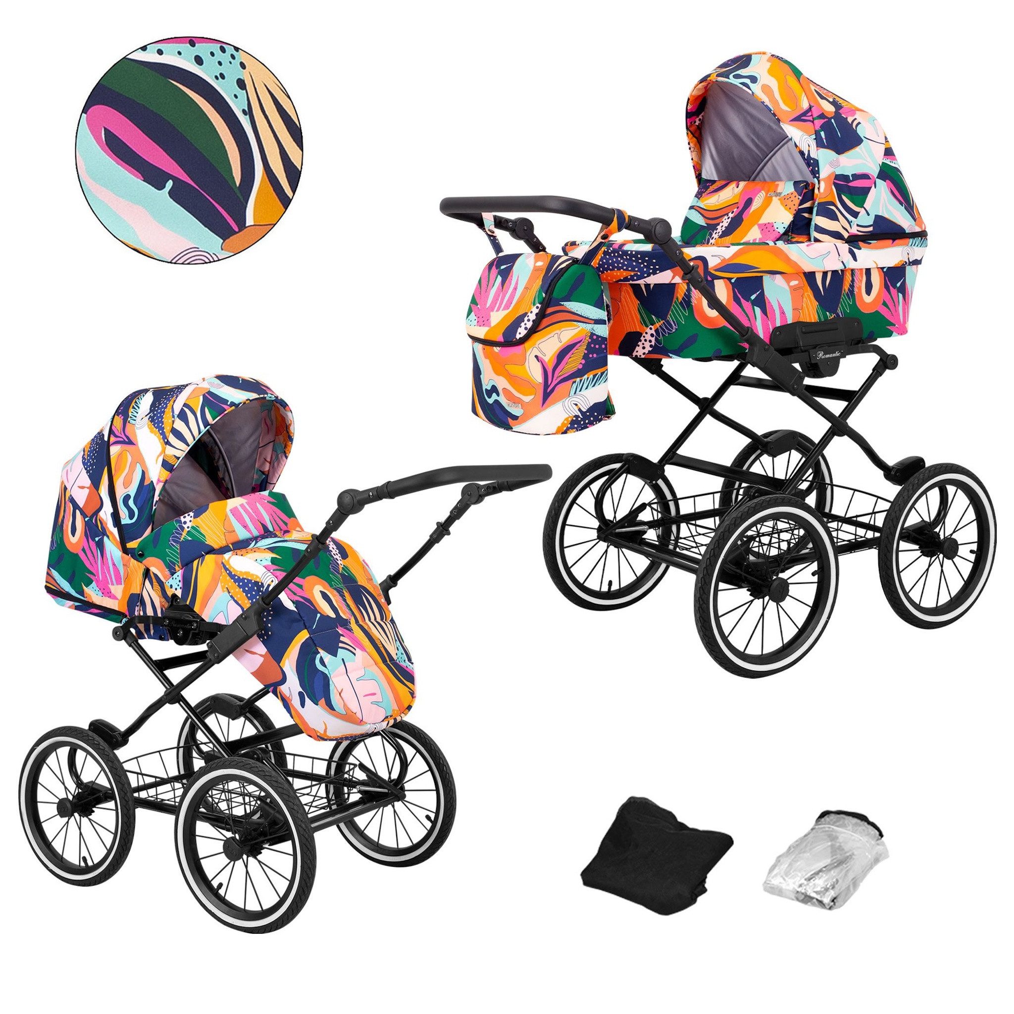 KUNERT Kombi-Kinderwagen Romantic 2 in1 Kinderwagen mit AIR Wheels und schwarzem Rahmen, Leichtes Aluminiumgestell, verstellbare Rückenlehne