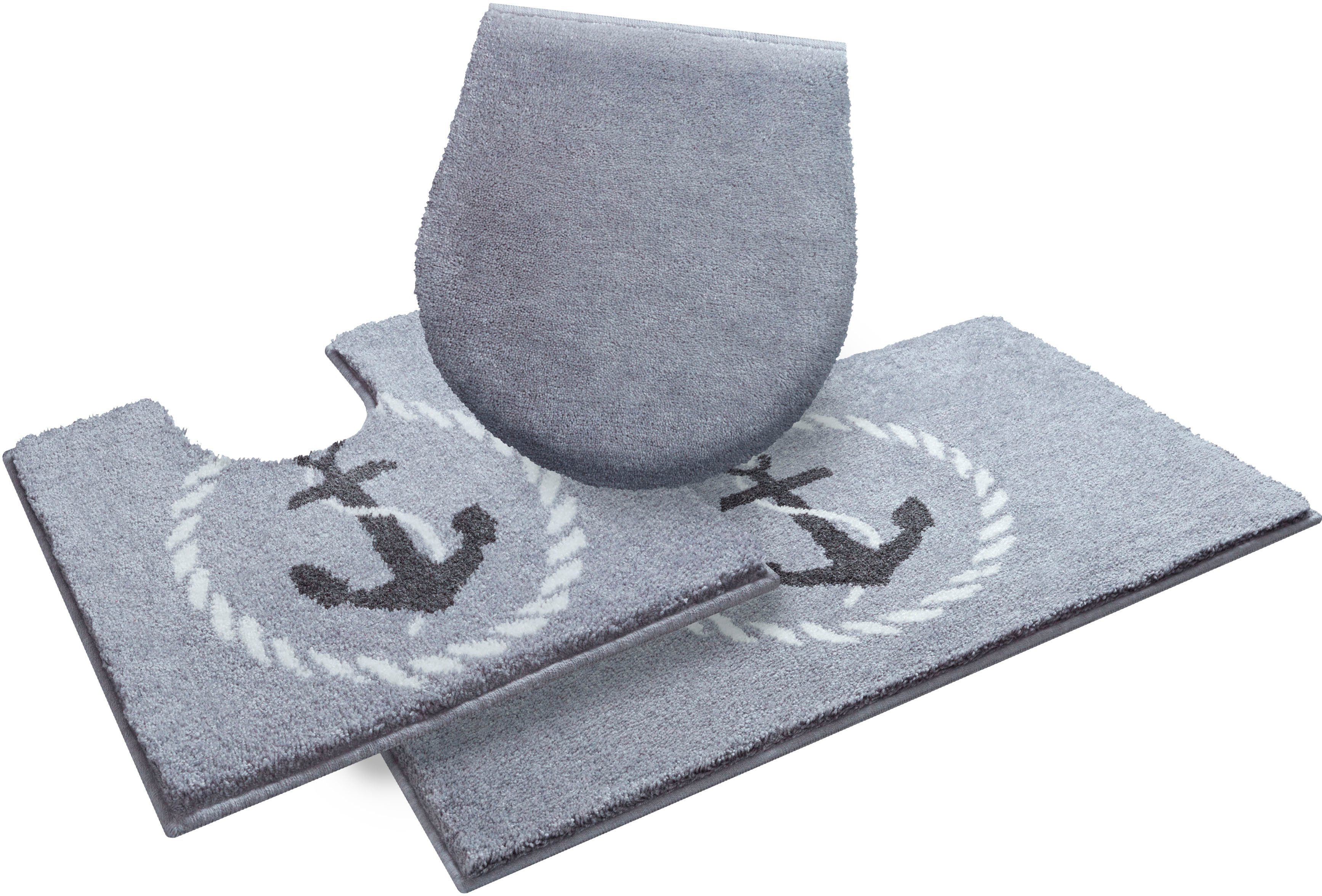 Grund Badematte Port Louis, Höhe 20 mm, rutschhemmend beschichtet, fußbodenheizungsgeeignet, Kunstfaser, rechteckig, 3-tlg. Stand-WC Set, Design mit Anker, maritim, Made in Europe