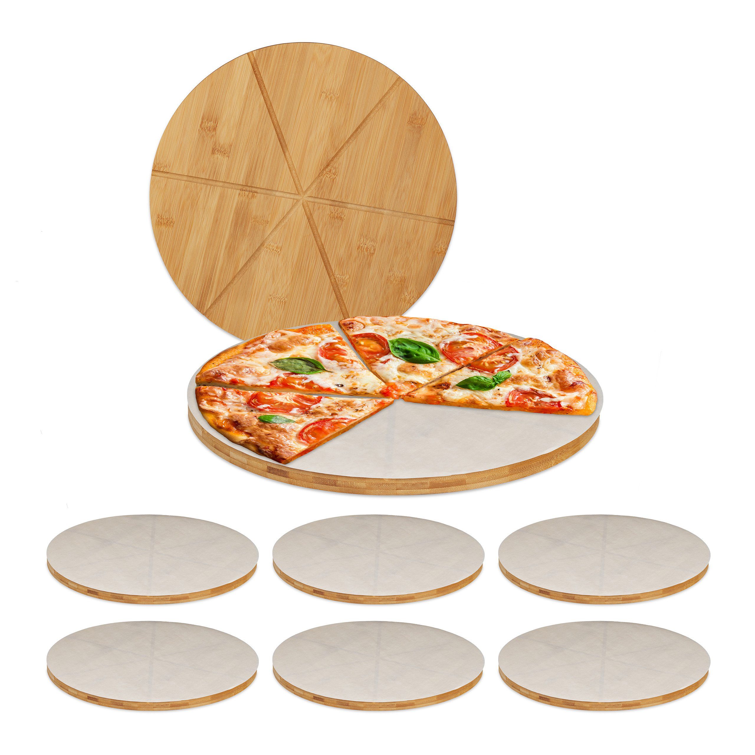 relaxdays Pizzateller 8 Bambus Backpapier mit Pizzabrett x