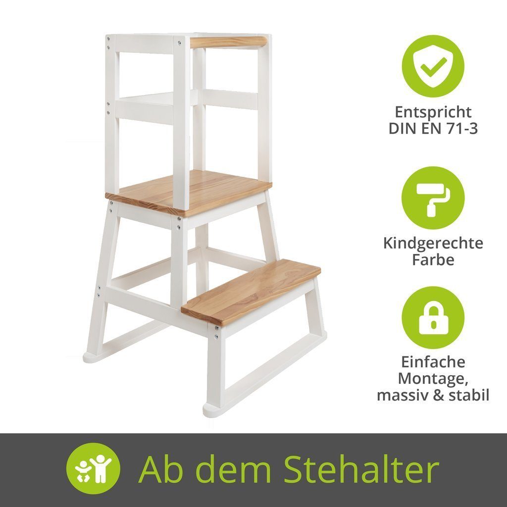 St), BOMI aus Lernturm Stehhilfe Montessori Schemel Swubi natur-weiß Holz (1 Kinder Kinderhocker