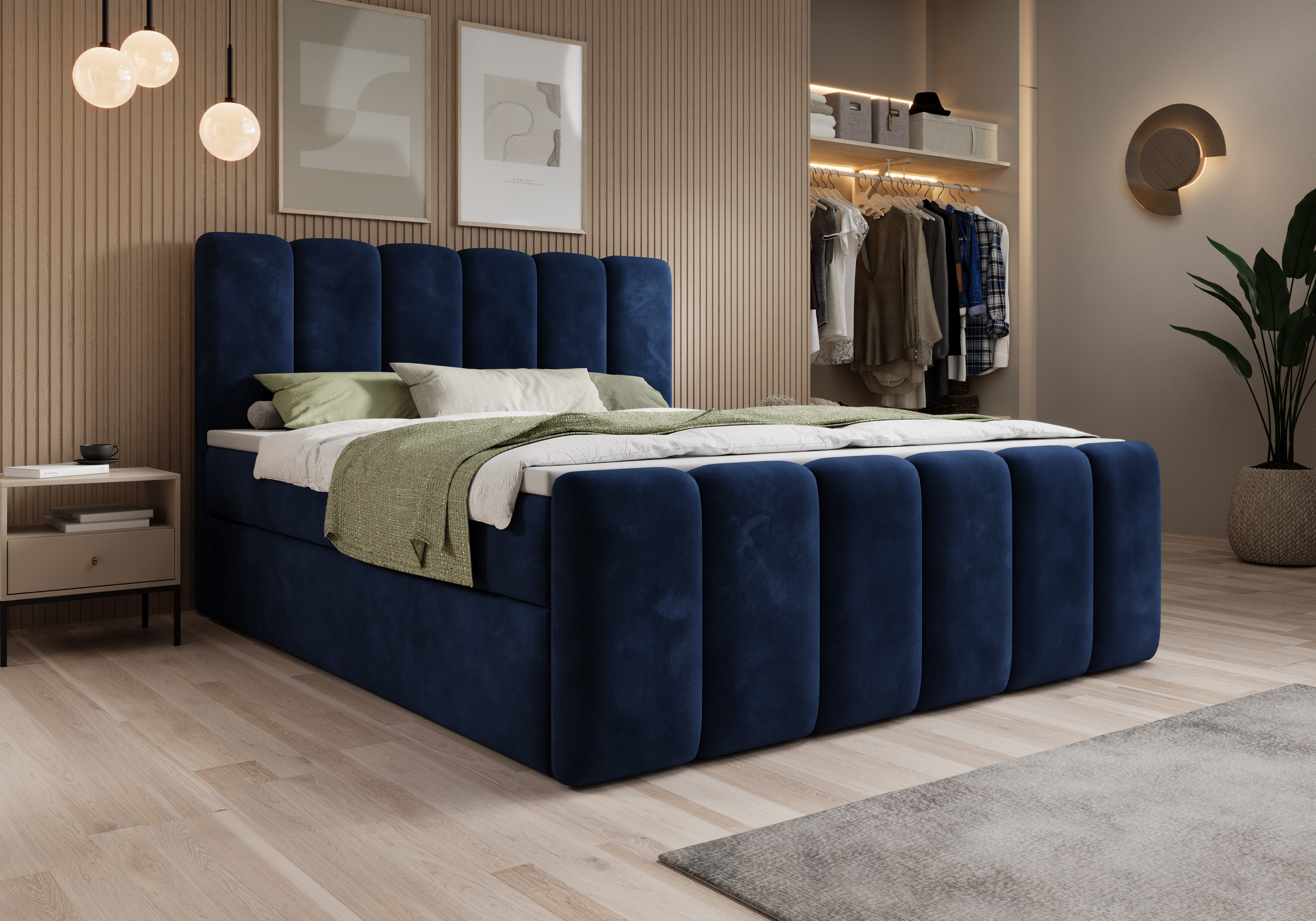 thematys Boxspringbett mit Bettkasten 140x200–200x200 cm – Velours oder Bouclé Bezug – (Polsterbett Bonnellfederkern Matratze H3 + Gratis 3cm Topper, Boxbett - Luxus Doppelbett mit Stauraum)