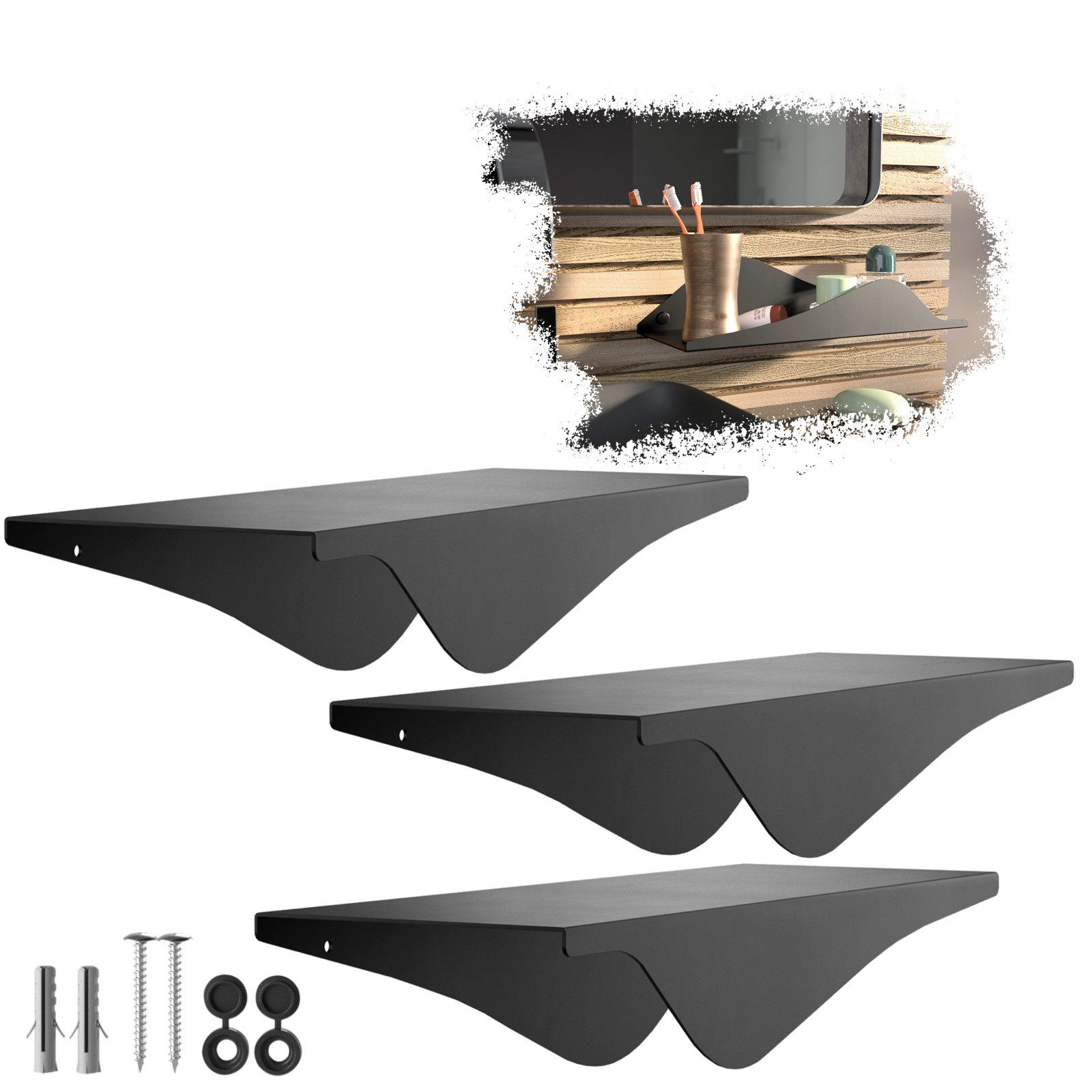 SO-TECH® Wandregal Schweberegal HOVER-VIII 35 x 13 x 8 cm inkl. Befestigungsset, 3-tlg., Wandmontage, für Bad Küche oder Wohnzimmer, Schwarz
