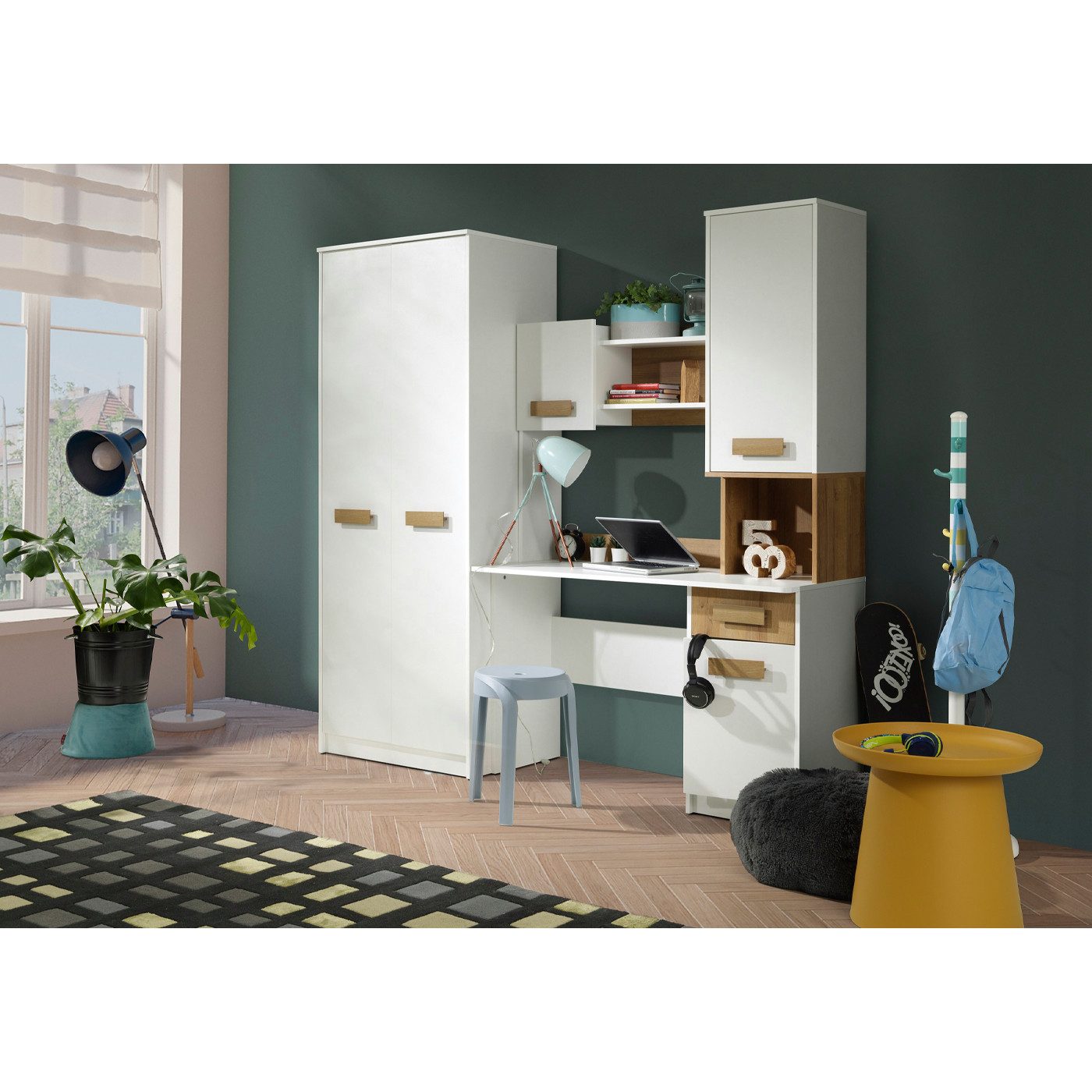 Marmex Möbel Jugendzimmer-Set Grant Mini, (SET, Kleiderschrank, Schreibtisch mit Verlängerung), Scharniere mit Soft-Close