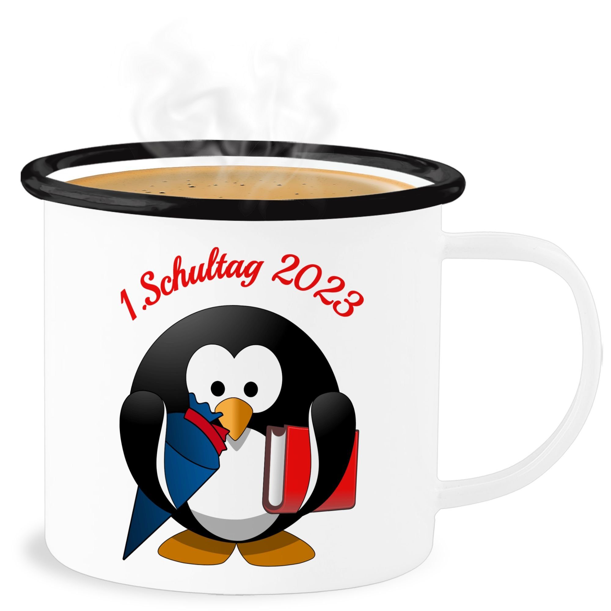 Geschenk Tasse 2 Schwarz 2023 1. Buch, Schultag Becher Weiß Shirtracer Schultüte Pinguin Einschulung Stahlblech,