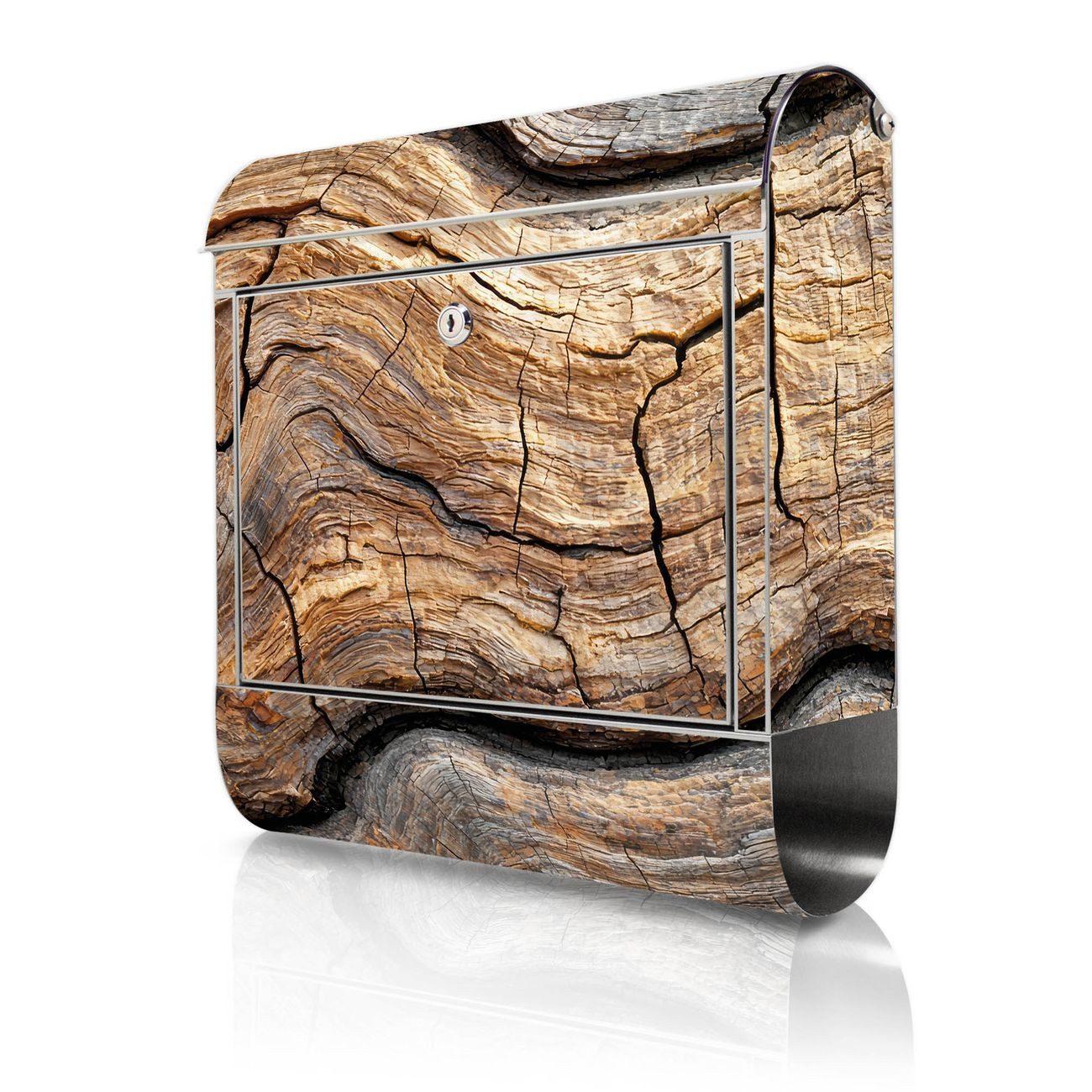 banjado Wandbriefkasten Edelstahl mit Motiv Holz Gemasert Fluss Grau (Wandbriefkasten groß, mit Zeitungsfach), 38 x 42,5 x12 cm