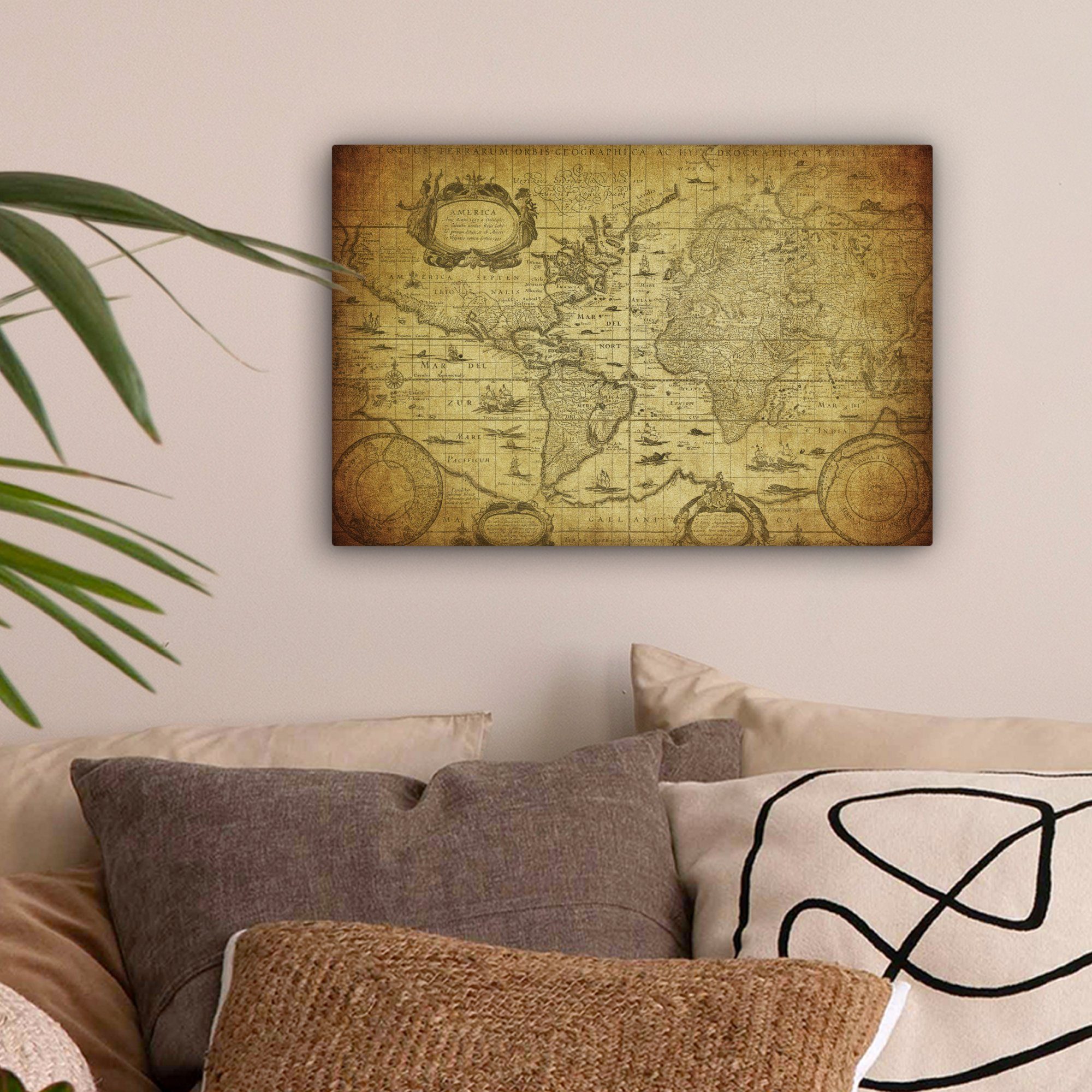 OneMillionCanvasses® Leinwandbild Weltkarte - Vintage - Geschichte - Kinder - Jungen - Mädchen, Fotodruck (1 St), Leinwand Bilder Klein, Wand Dekoration Aesthetic 30x20 cm