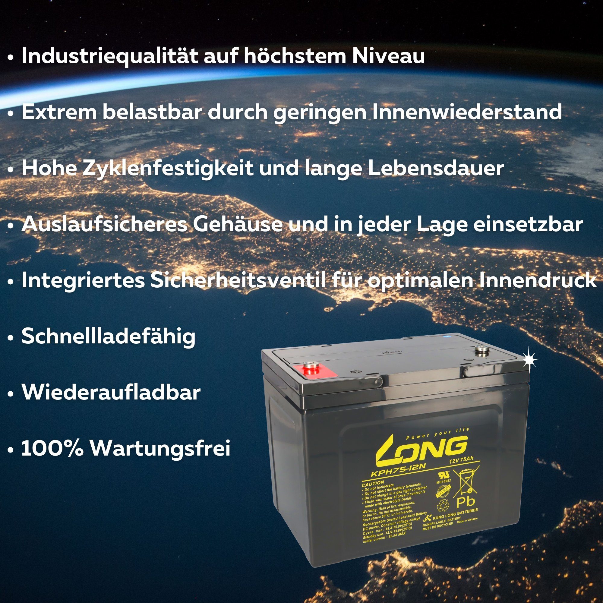 Kung Long Kung Long Akku 12V 75Ah KPH75-12N M6 AGM Blei wartungsfrei Bleiakkus