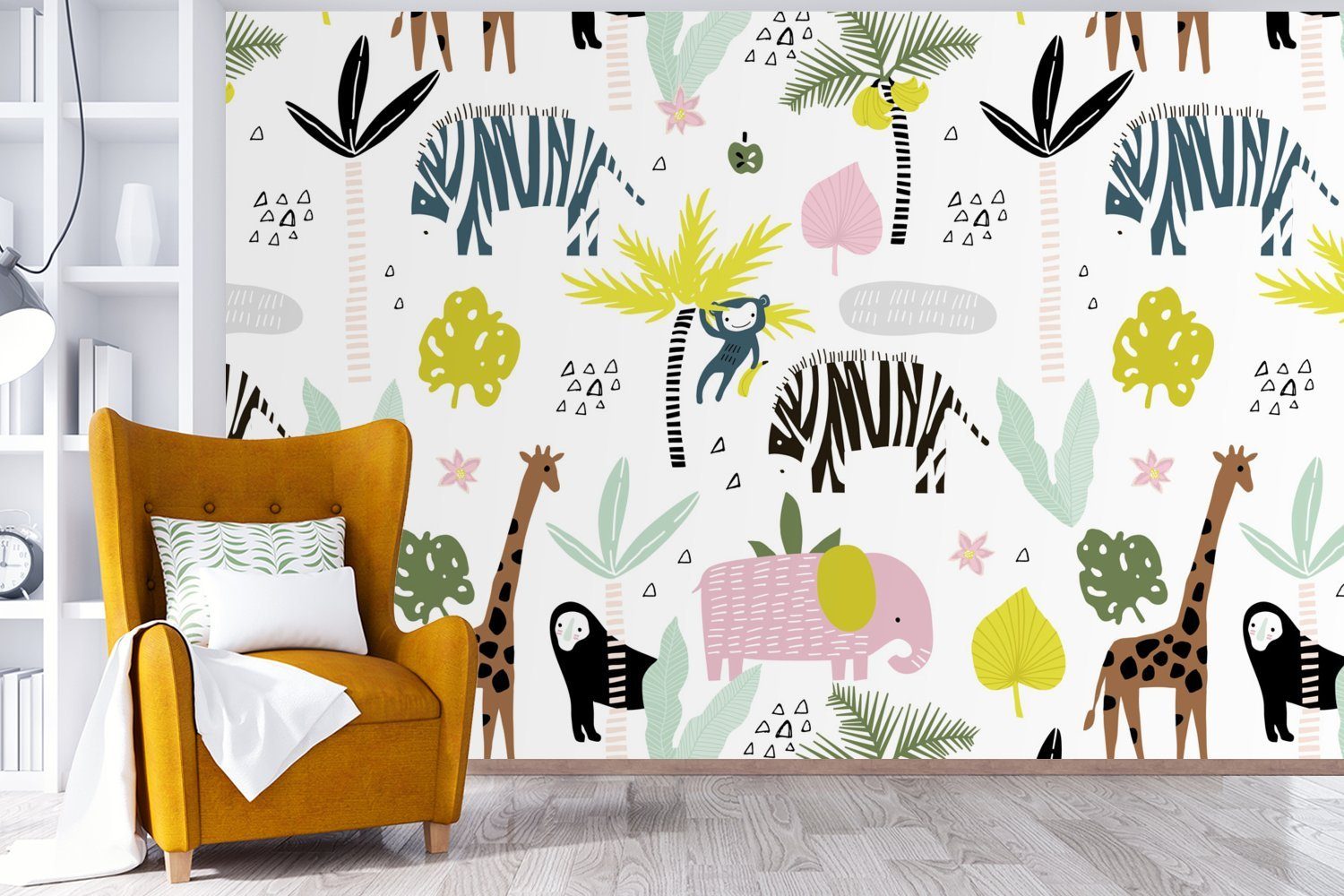 MuchoWow Tapete - Fototapete Dschungel bedruckt, Schlafzimmer, Kinderzimmer, Matt, - Vinyl (6 Wohnzimmer, St), - für Wallpaper Tiere Pastell, Palme