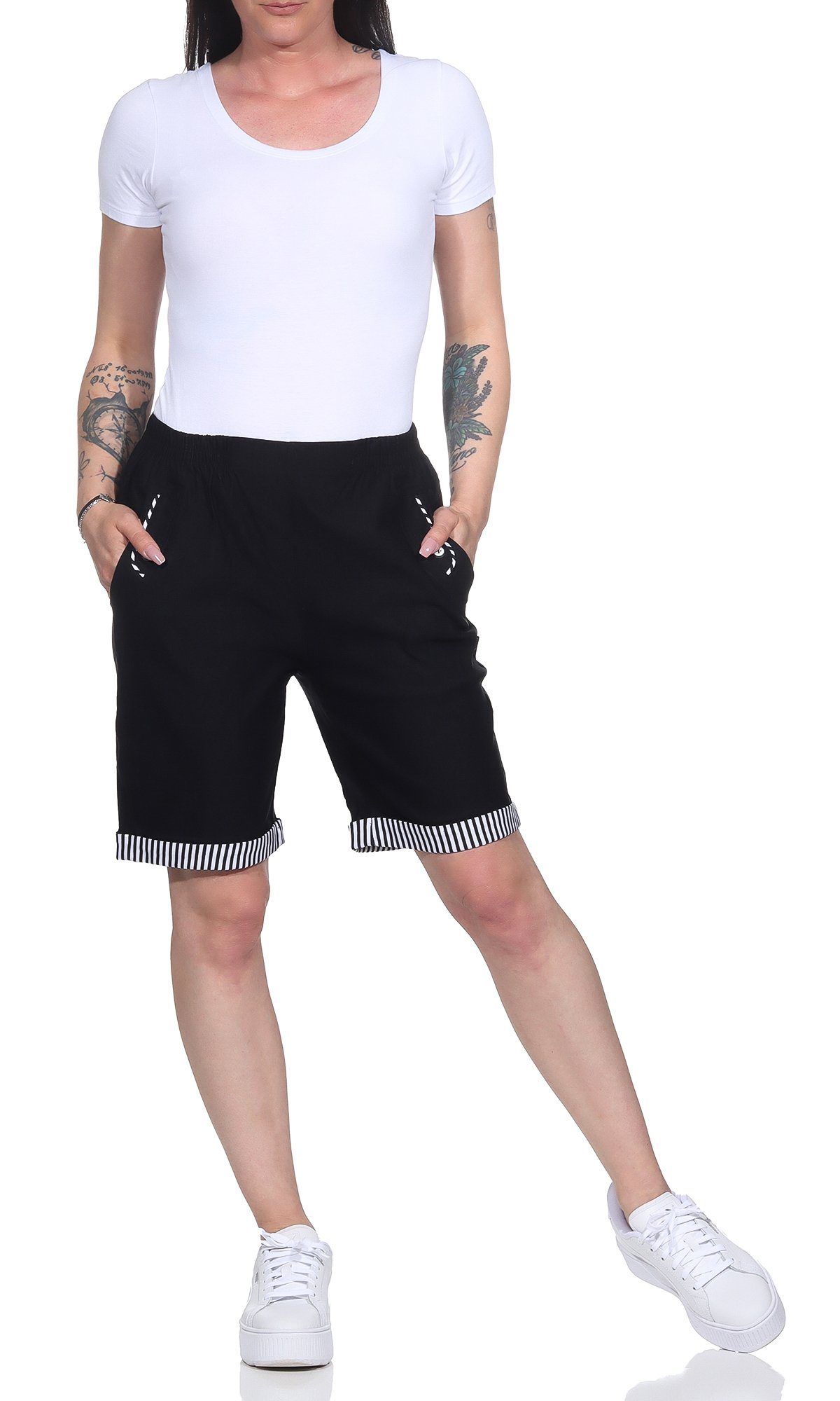 erhältlich, Details maritimen elastischem Shorts auch Maritime großen Größen Schwarz Shorts mit Bund, Damen Aurela in Damenmode Sommer Strandbermuda mit Bermuda
