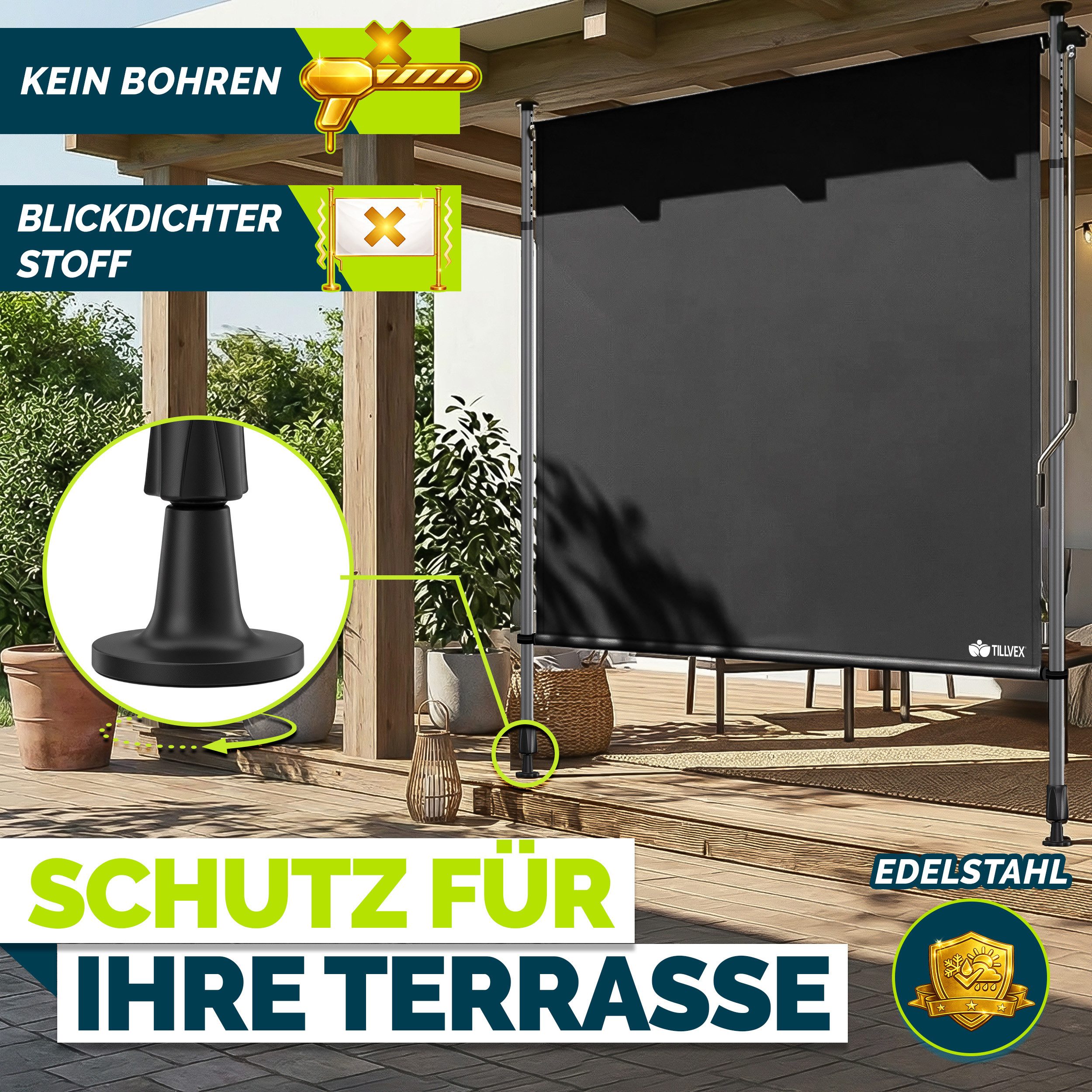 tillvex Klemmmarkise tillvex© Klemmmarkise Senkrechtmarkise Außen Balkon ohne Bohren (Sichtschutzrollo Terrasse Garten Wetterfest, Vertikalmarkise Sichtschutz A – Bild 4 von 5