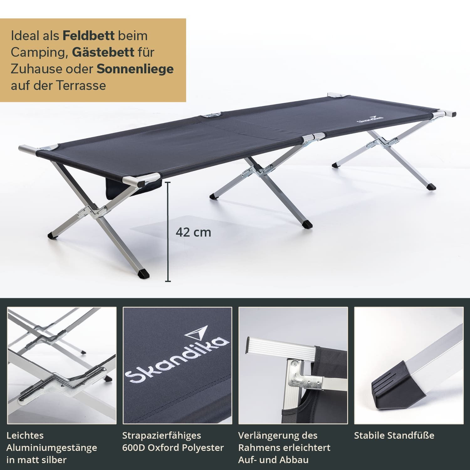 Skandika Feldbett Campingliege Vuoma, Klappbare Sonnenliege, Campingbett, max. 200 kg (Rahmen Aluminium, matt Silber) Organizer-Tasche, 210 x 75 cm, Anti-Rutsch-Füße, Tragetasche, Garten