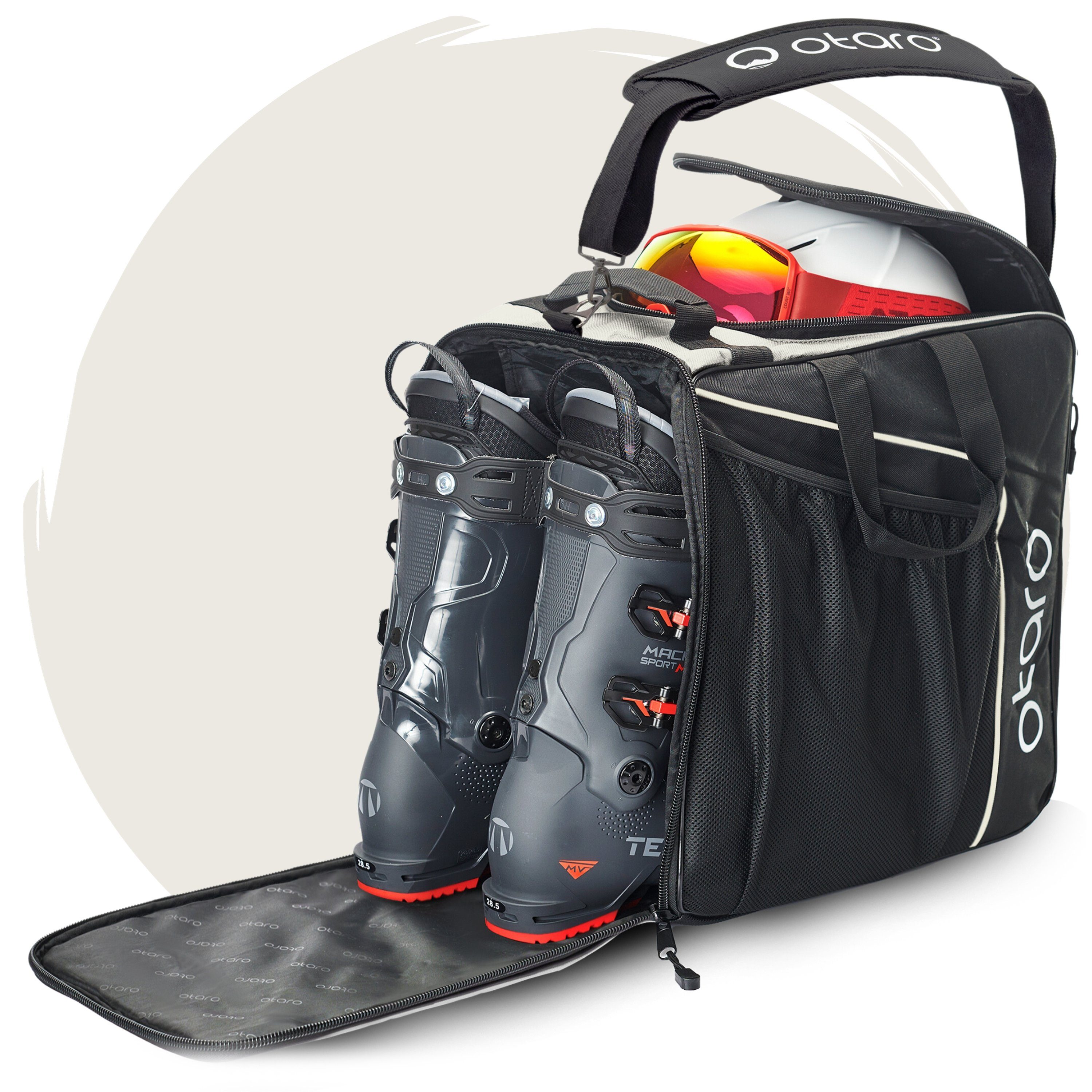 Otaro Sporttasche Skischuhtasche mit Helmfach + Schultergurt, Classic 44L (Schutz für deine Ausrüstung, Perfekt durchdacht, ausklappbare Standfläche, für Skifahrer + Boarder) Schwarz Frostweiß