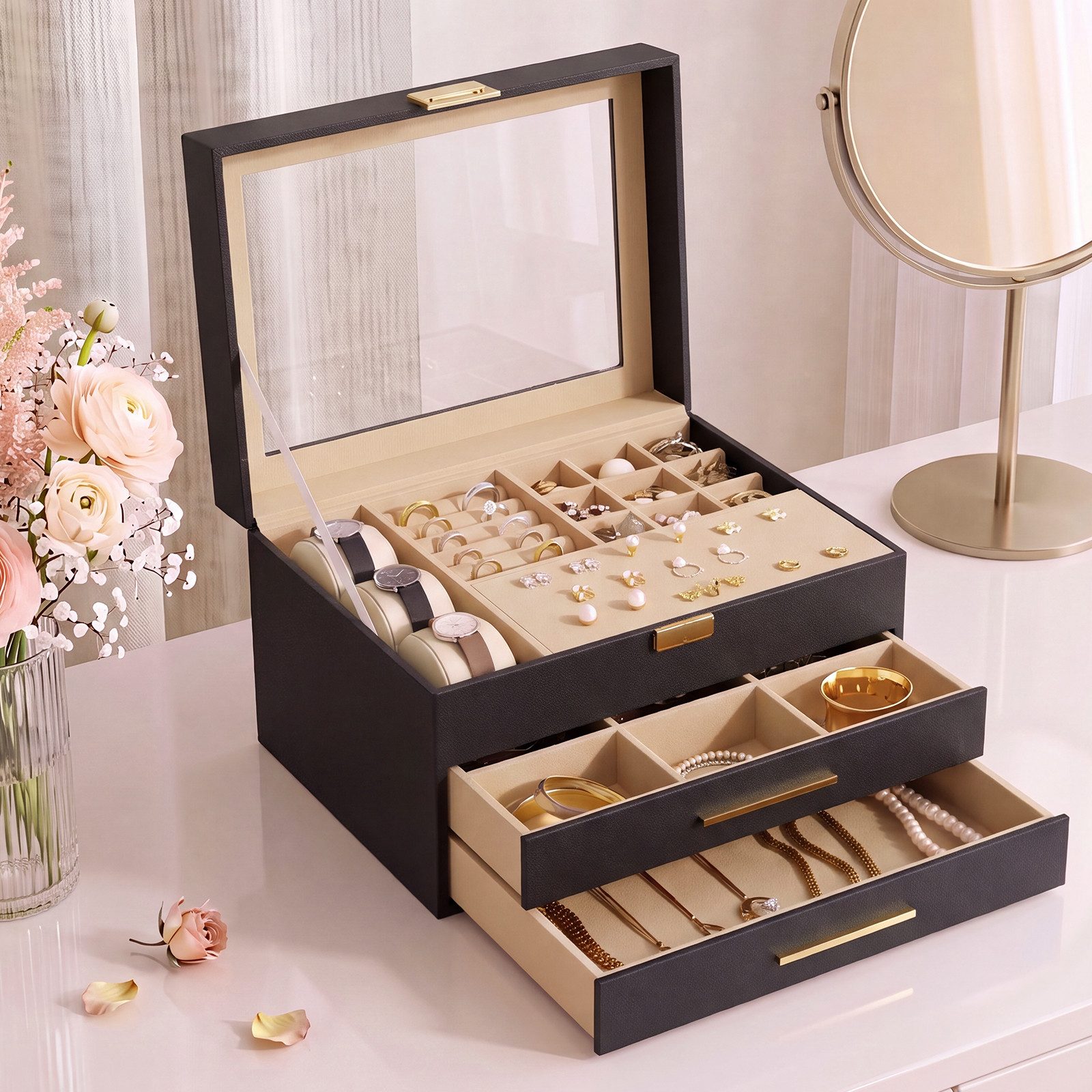 Hausright Schmuckkasten 3 Ebenen Schmuckbox mit Glasdeckel, 2 Schubladen (Schmuckschatulle)