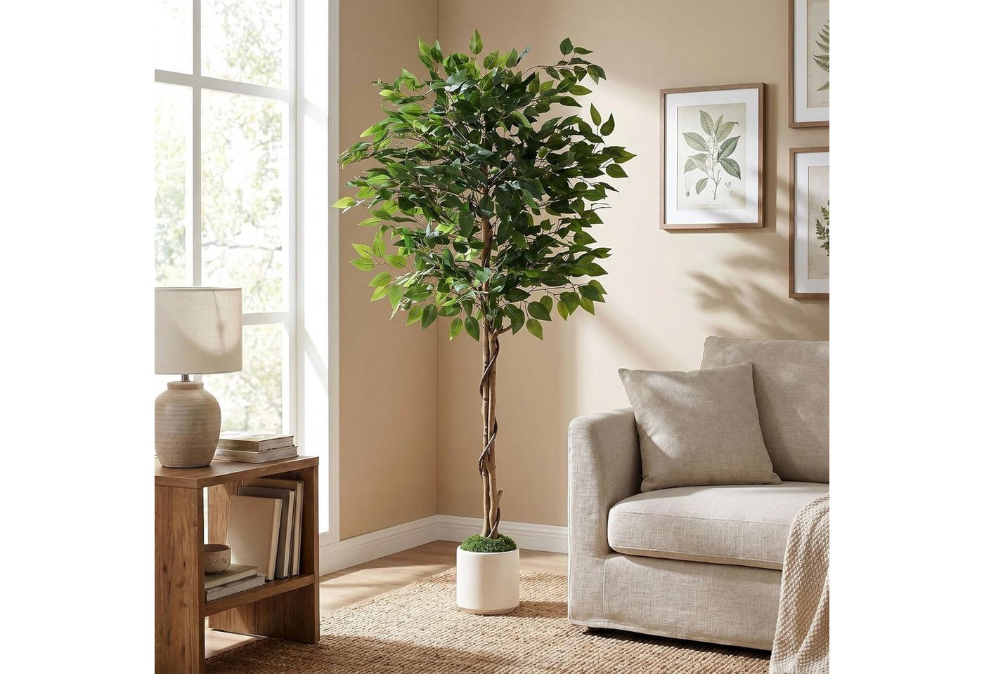 Kunstbaum 150cm/180cm Künstlicher Ficus Baum Realistische Kunstpflanze mit weißem Topf & Moos, TLGREEN, Höhe 150 cm, Geruchsneutral, Stabil, Pflegefrei für Innen & halboffene Bereiche