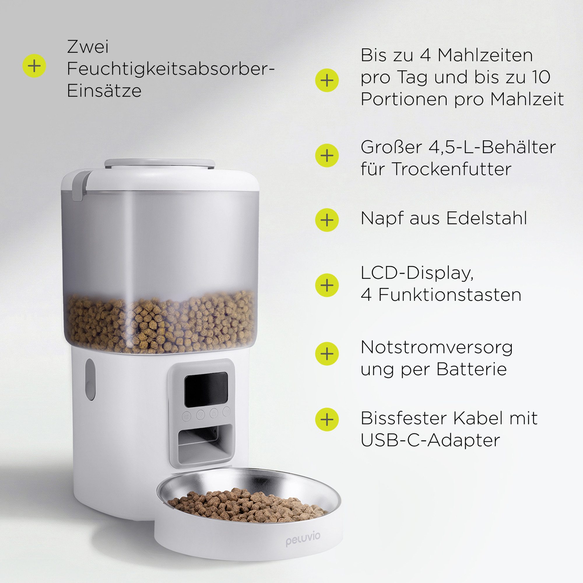 Peluvio Katzen-Futterautomat CRIPSY CAT, 4,5L Vorrat / LCD-Display / 4 Mahlz./Tag / Batterienotbetrieb