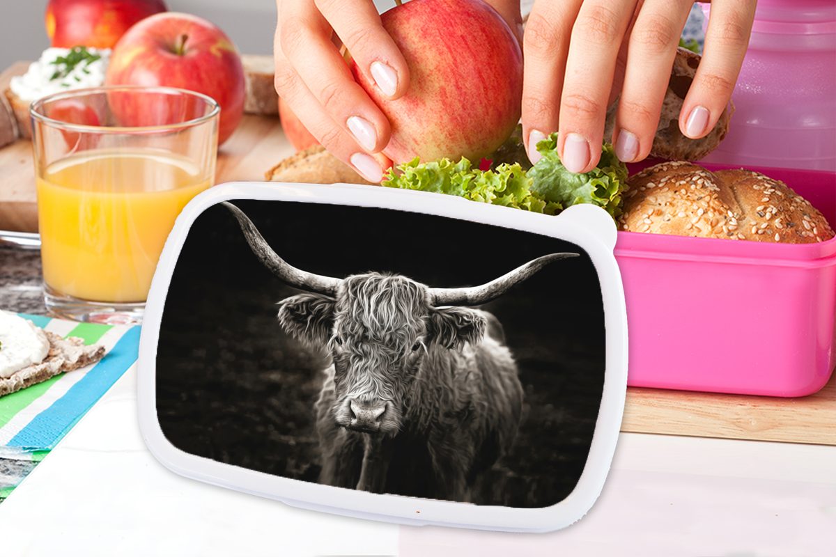 Kinder, - Kunststoff, Erwachsene, - Weiß für Lunchbox Schwarz Snackbox, Brotbox Kunststoff Highlander rosa Brotdose Tiere, Mädchen, MuchoWow (2-tlg), Schottischer -