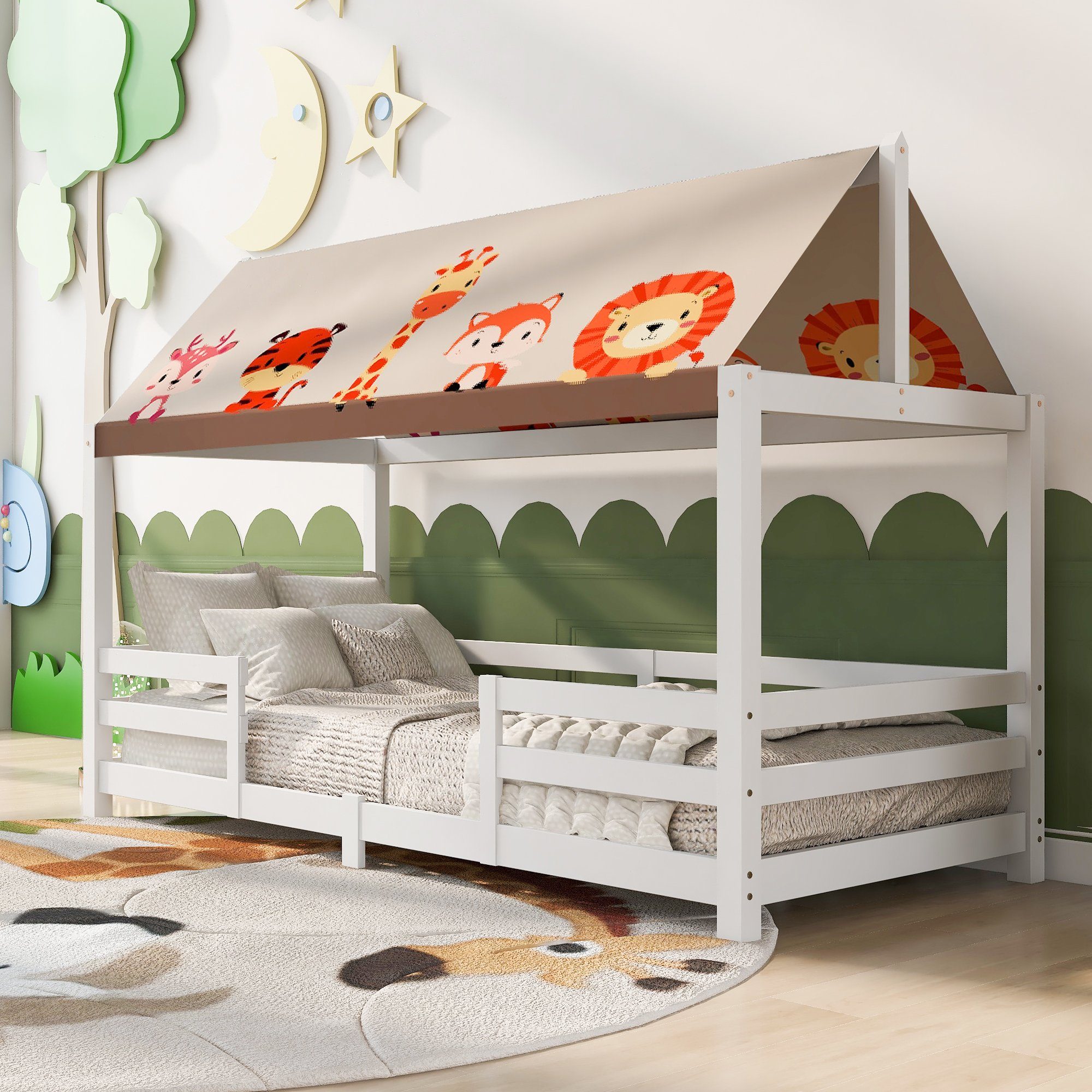 Flieks Kinderbett, Hausbett mit Leinen Tierbild Zeltdach 90x200cm Weiß