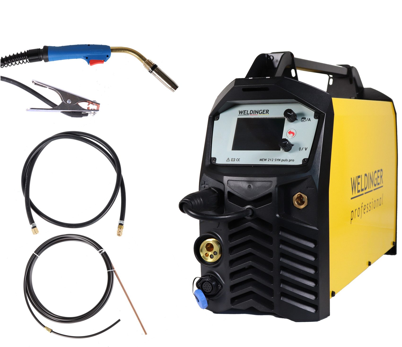 WELDINGER Schutzgasschweißgerät MIG/MAG-Schweißinverter MEW 212 SYN puls pro Puls Doppelpuls, Spot, 30 - 200 A, 6-tlg., LCD-Display, Synergie, Spoolgunschnittstelle